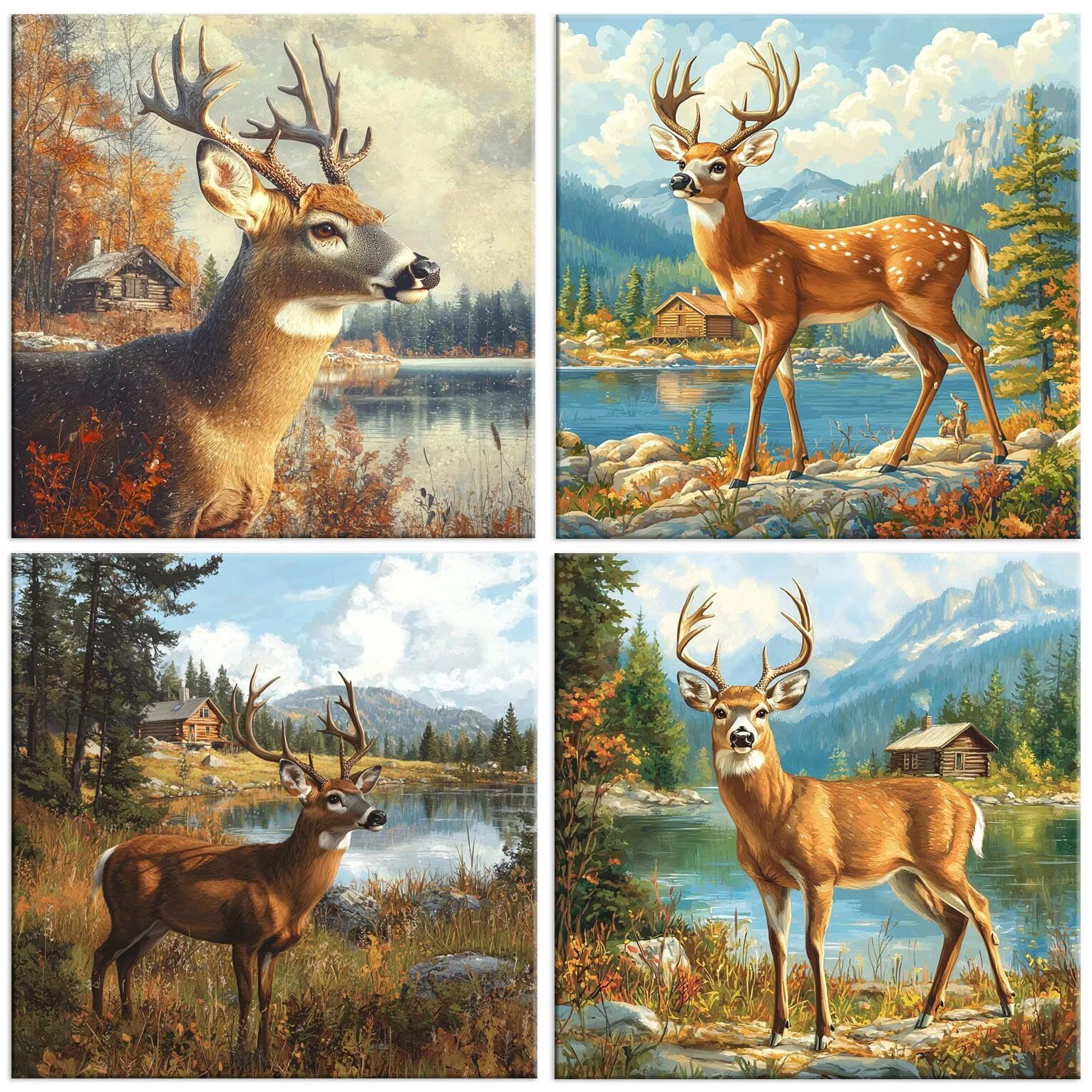 Krajobraz jeleń, diamentowy obraz, obraz 5D, 60 x 60 cm, t-192 | Zestaw 4 sztuk diamentowych malarstwa dla dorosłych, 5D "zrób to sam", mozaika do relaksu i jako dekoracja ścienna na prezent