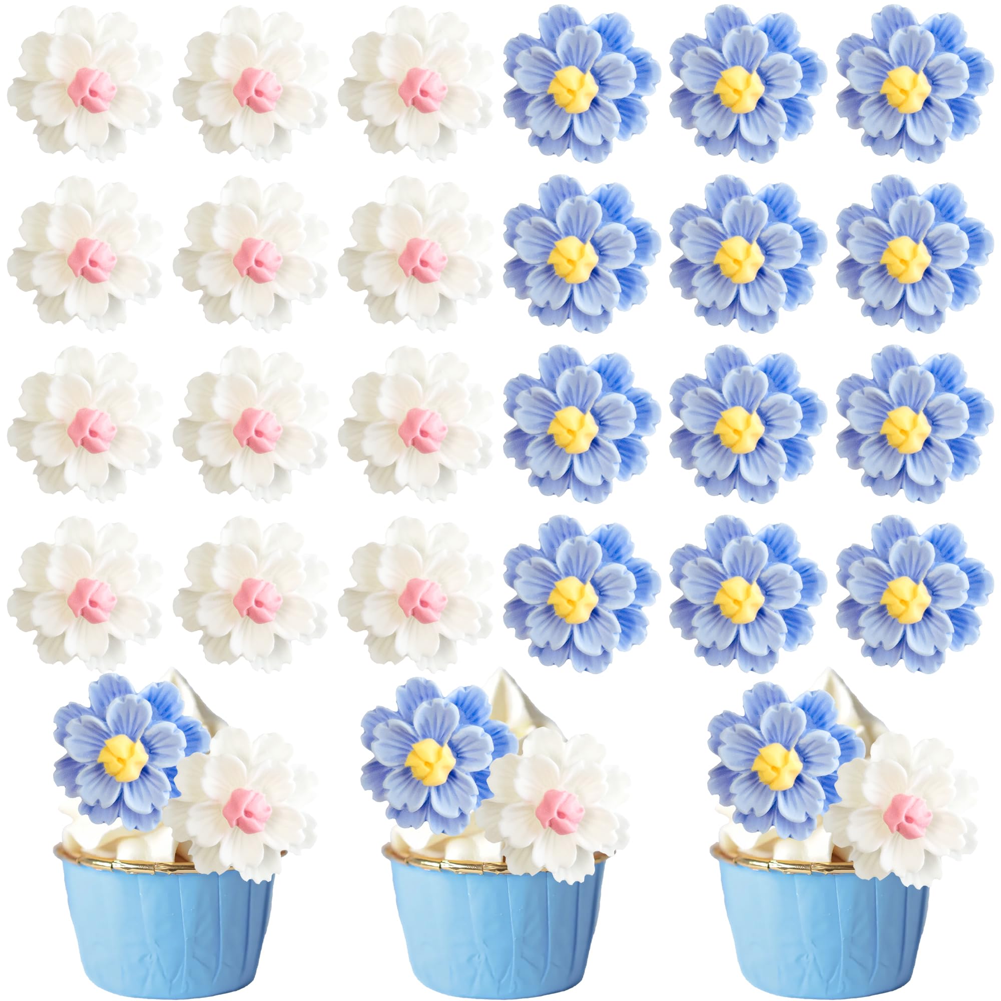 Gyufise 30Pcs Cherry Blossoms Cupcake Toppers Flower Cupcake Picks Wildflower Birthday Decorations for Bridal Shower Wedding Engagement Baby Shower Birthday Party Cake Decorations Supplies Blue White