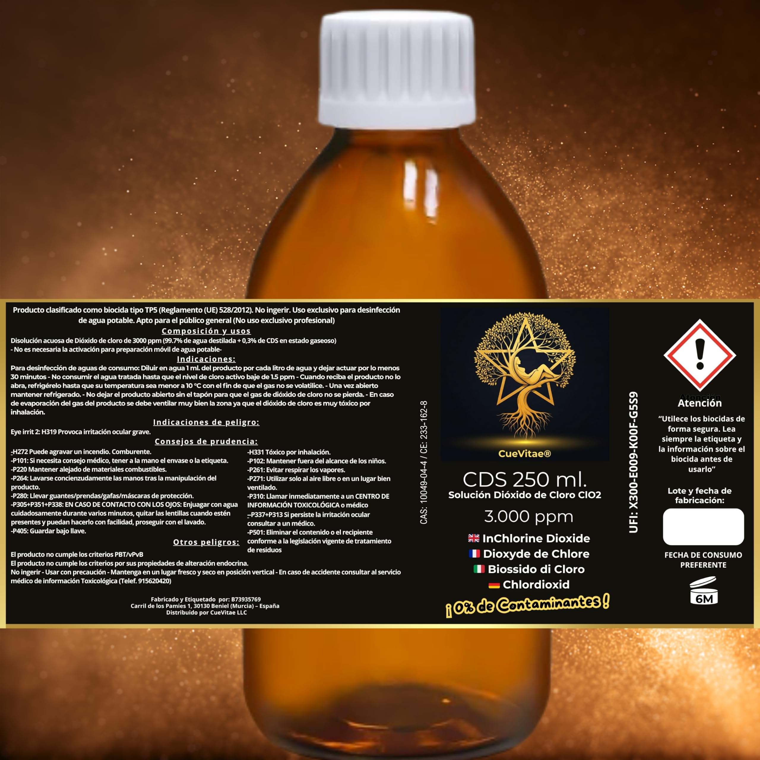 CDS 0,3% 2x250 ML | Solution aqueuse de dioxyde de Chlore | Verre | Biocide technique TP5 exclusif traitement d'eau. Lot 2 récipients verre ambré anti-UV avec équipement volumétrique.