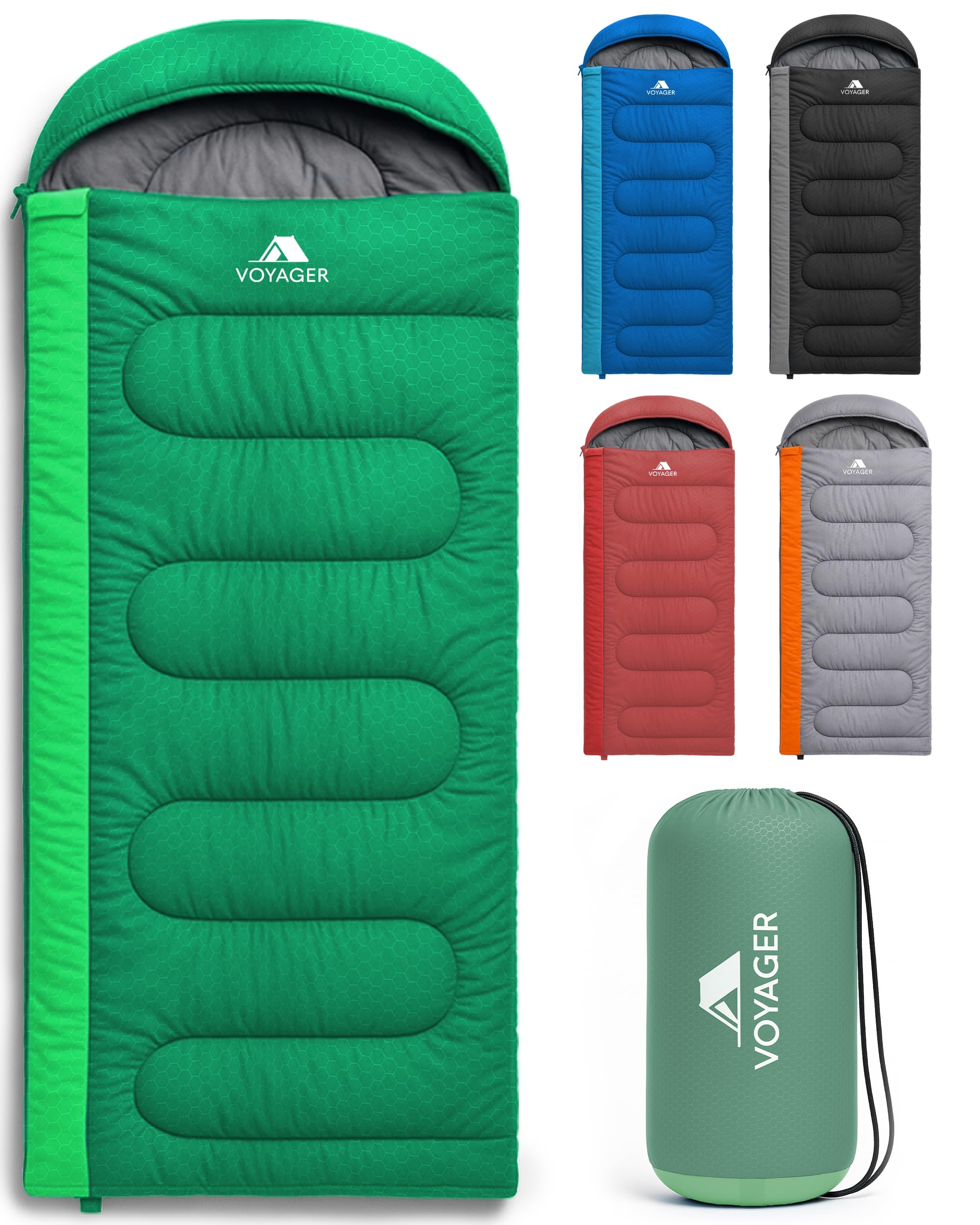 Voyager Sleeping Bag for Adults – Lightweight & Compact, Waterproof, 3-4 Season Warm & Cold Weather, Machine Washable, Ideal for Camping, Hiking & Backpacking, 220x30x80cm