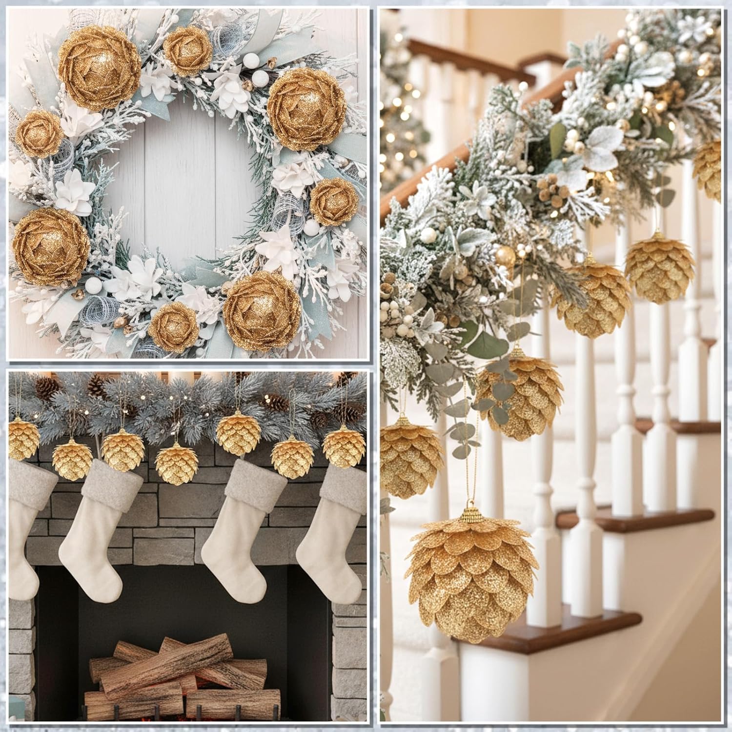 Sratte 8 Pcs Valentine Ball Ornaments Artificial Pinecone Hanging Ornaments Glitter Winter Faux Flower for Xmas Decor, 3.15/2.36 Inch(Gold)