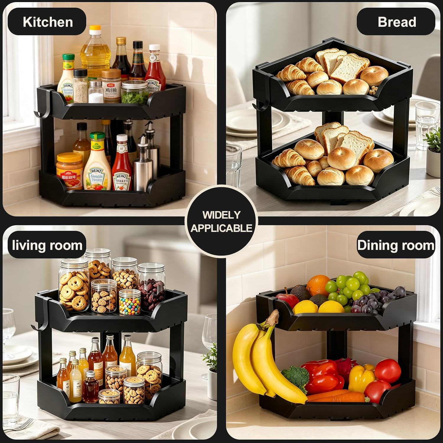 2 Tier Corner Fruit Basket for Kitchen Counter,Acacia Wood with Banana Hook