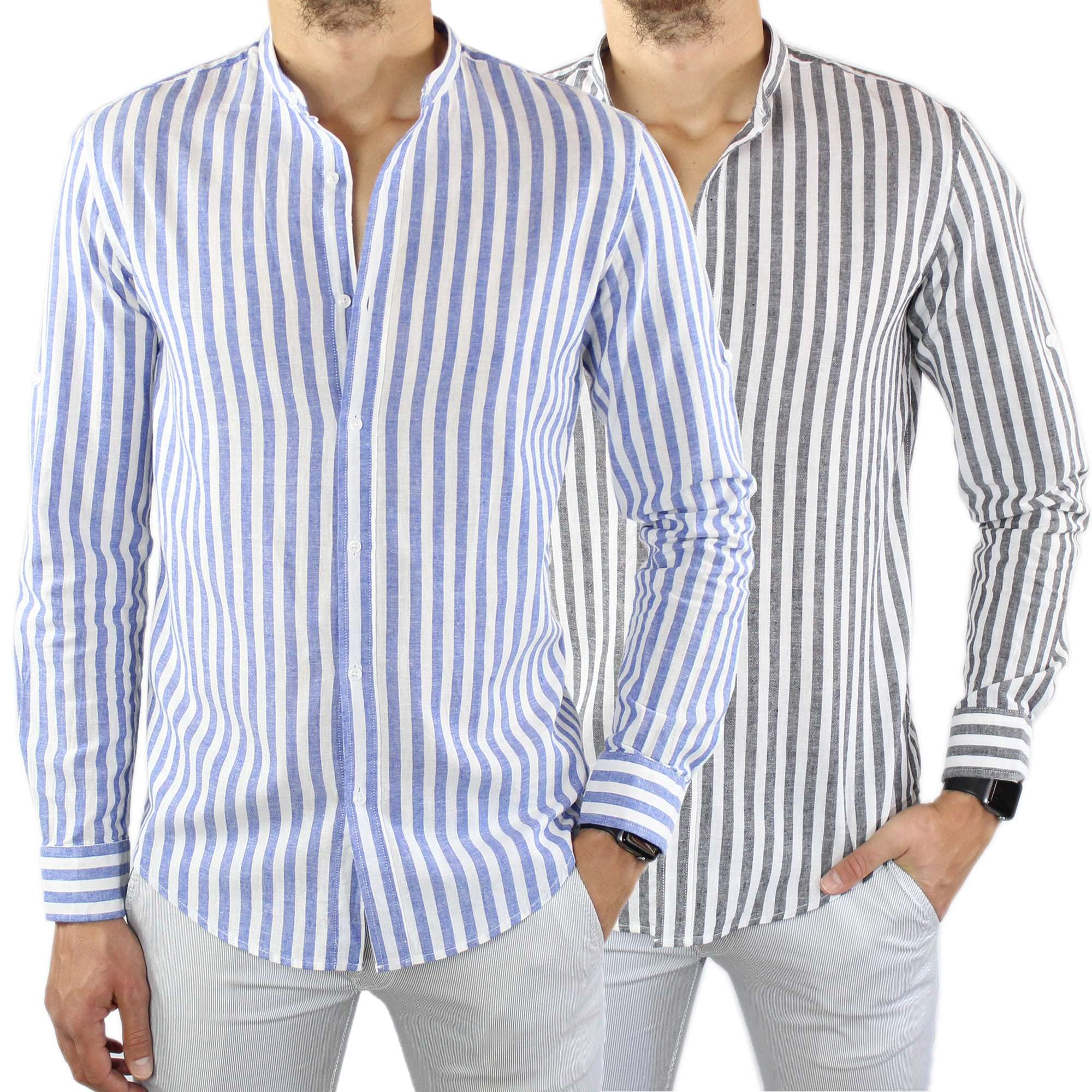 Camisa de lino para hombre Coreana a rayas celestes de 100 % lino Slim Fit elegante de manga larga a rayas