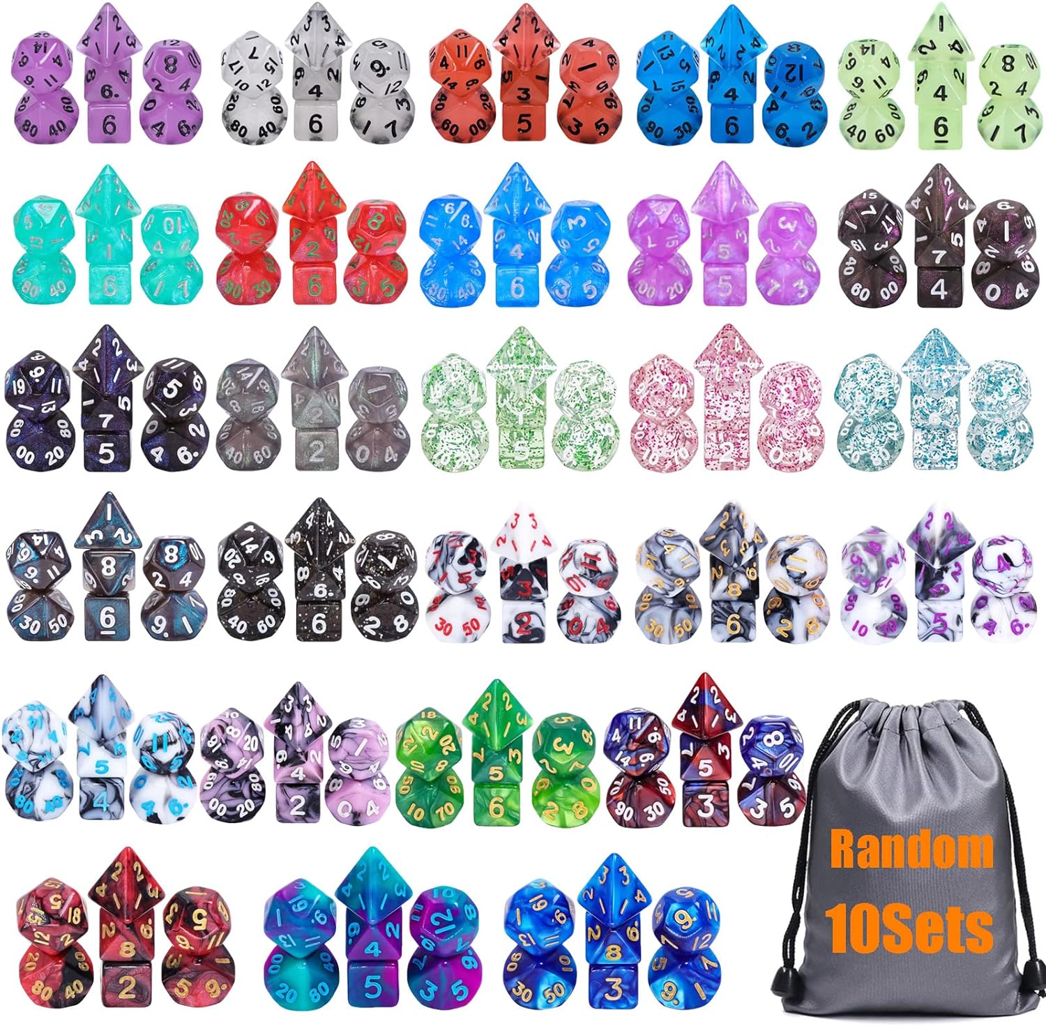 10 Sets Random Multi Colored Assortment Polyhedral RPG Dice (70pcs),Surprise Mystery Mini Dice Set,10mm Mini DND Dice Set for MTG,RPG,D&D Dungeons and Dragons Role Playing Game