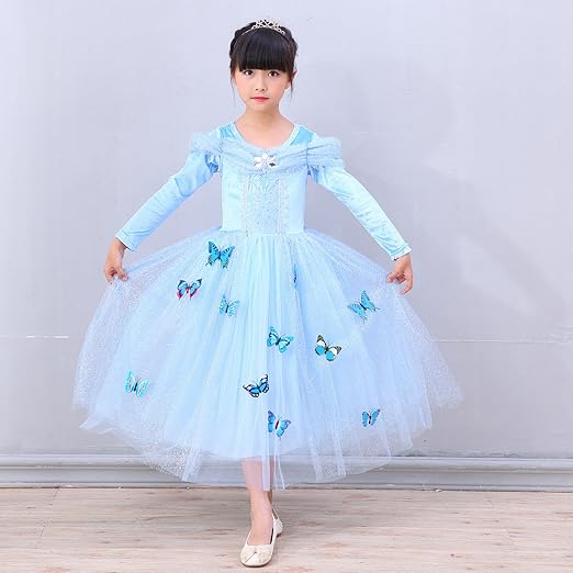 Amazon Co Jp Cosplay衣装店 シンデレラ Cinderella コスプレ 長袖 蝶々飾り 子供 こども キッズ ディズニーランド 記念撮影 発表会 演奏会 披露宴 ドレス ワンピース ガールズ 文化祭 仮装イベント パーティー ステージ演劇用 コスチューム 演出服装 140 ホビー 通販