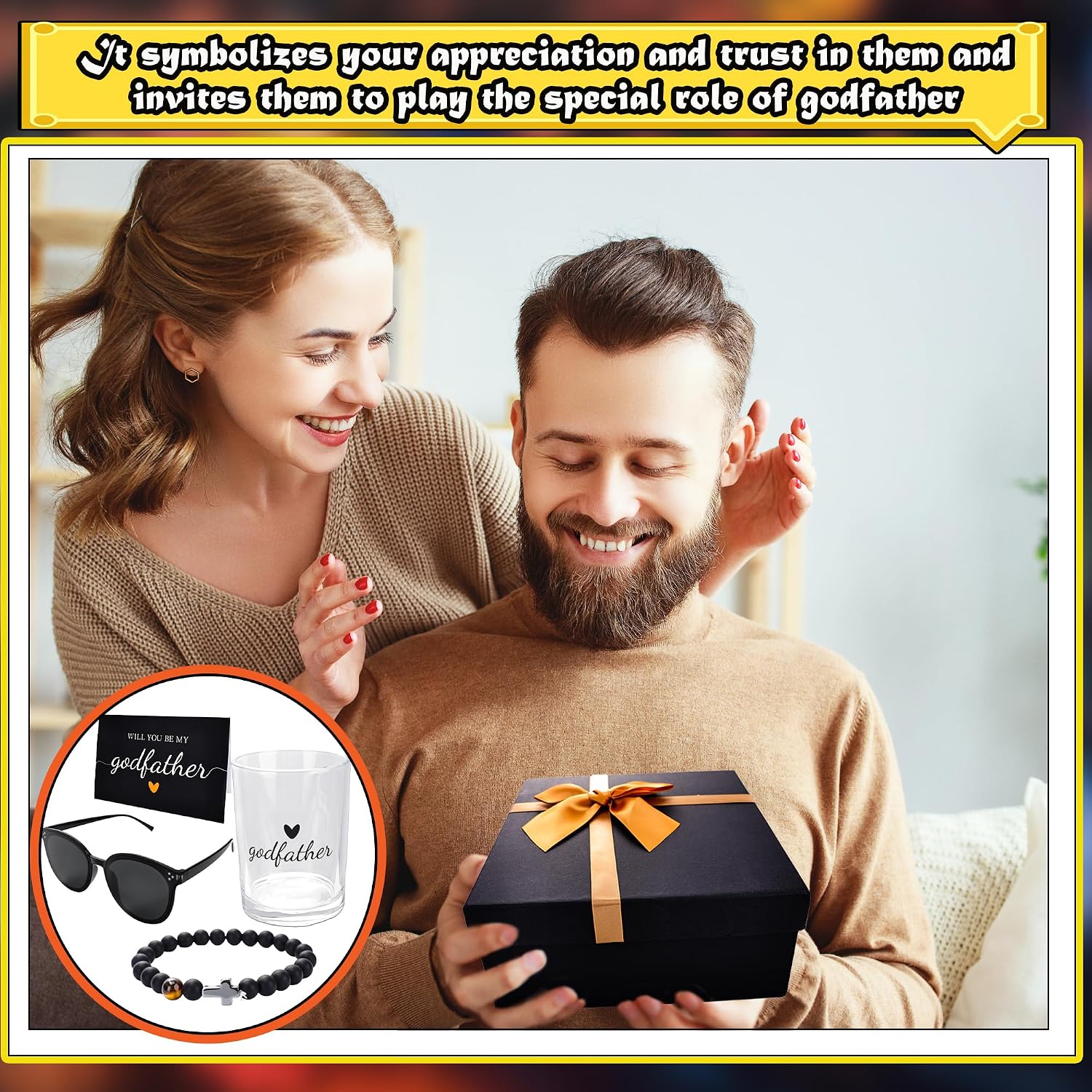 12 Pcs Godfather Proposal Gifts Set Godfather Gift Box Set Include Whiskey Glass Ice Ball Mold Bracelet Card Socks Keychain and Sunglasses for God Father Uncle image 4