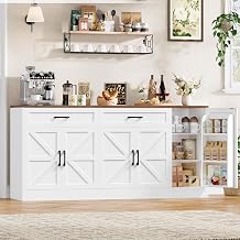 71 Large Sideboard Buffet Cabinet with Storage, Farmhouse Buffet Cabinet with Adjustable Shelves and 3 Door Shelves, Wood Coffee Bar Console Table for Kitchen, Dining Room White