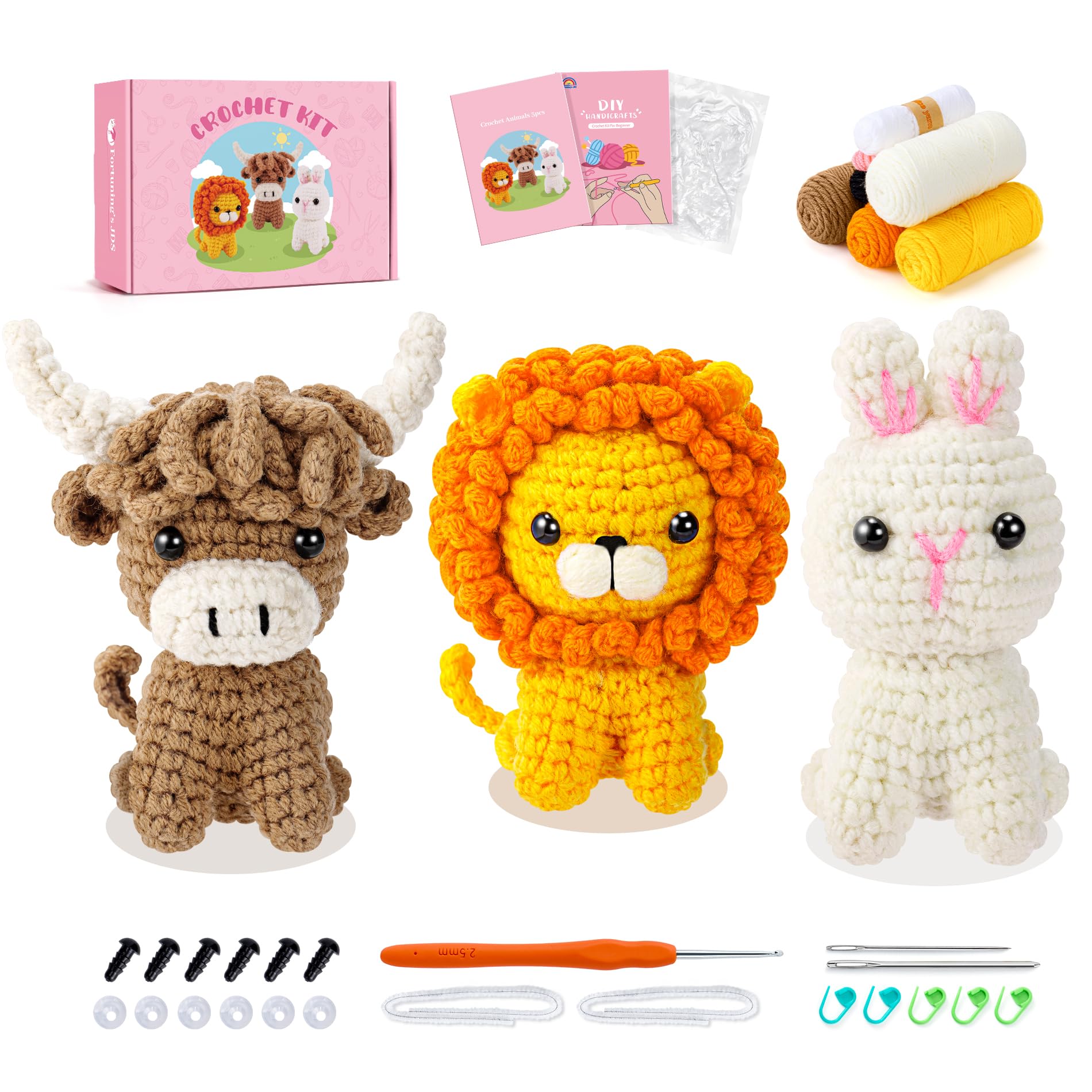 Lion Crochet Kit For Beginners with Video Bunny Crochet Kit Highland Cow Animal Knitting Kit Crocheted Animal Kits Complete Lion Crochet Starter Animals Cosplay Set Beginners Crocheted Cat Kit