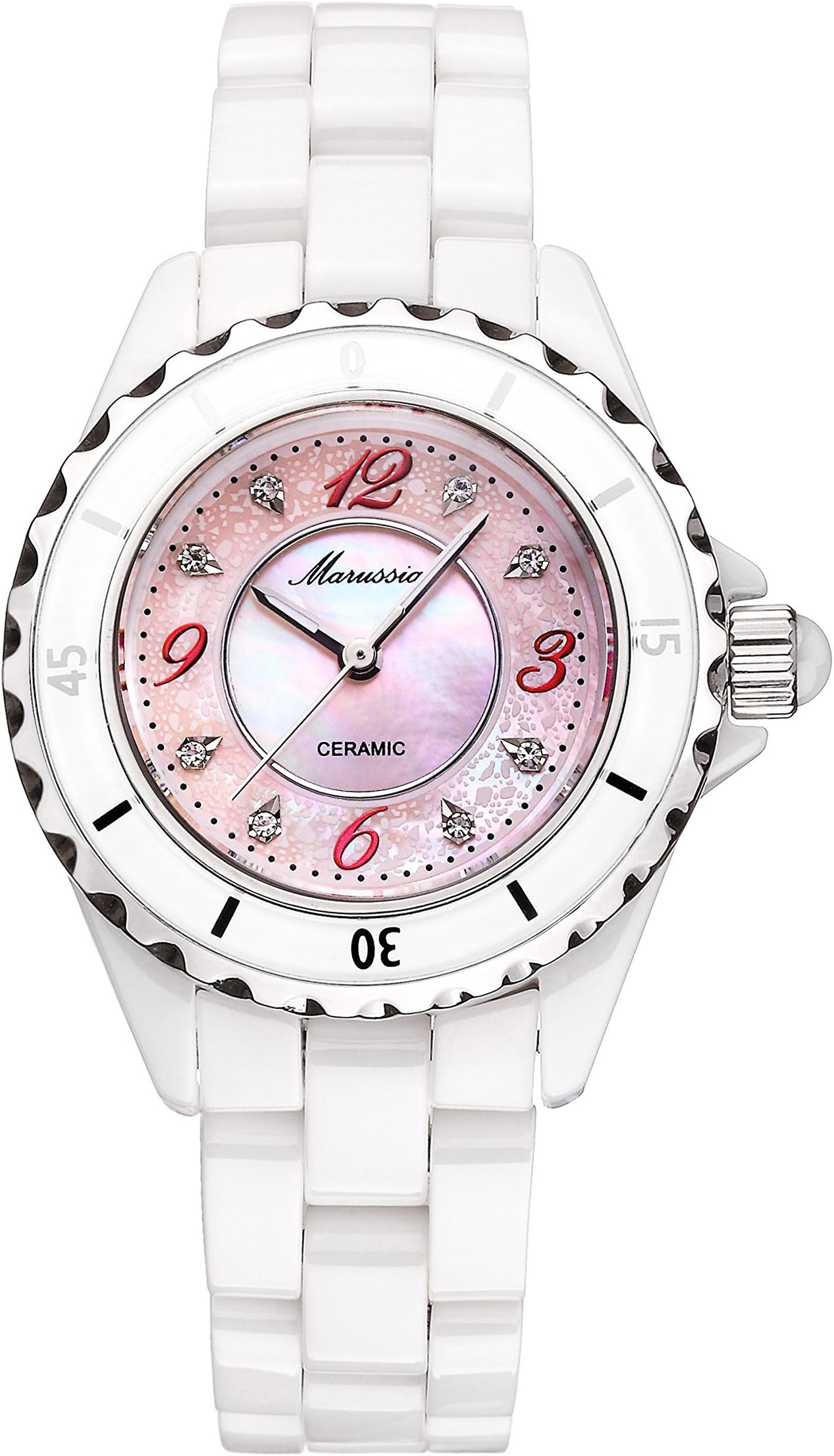 Marussia Ladies Waterproof Ceramic Watches Genuine Quartz Watch with Rhinestone and Colored Numbers