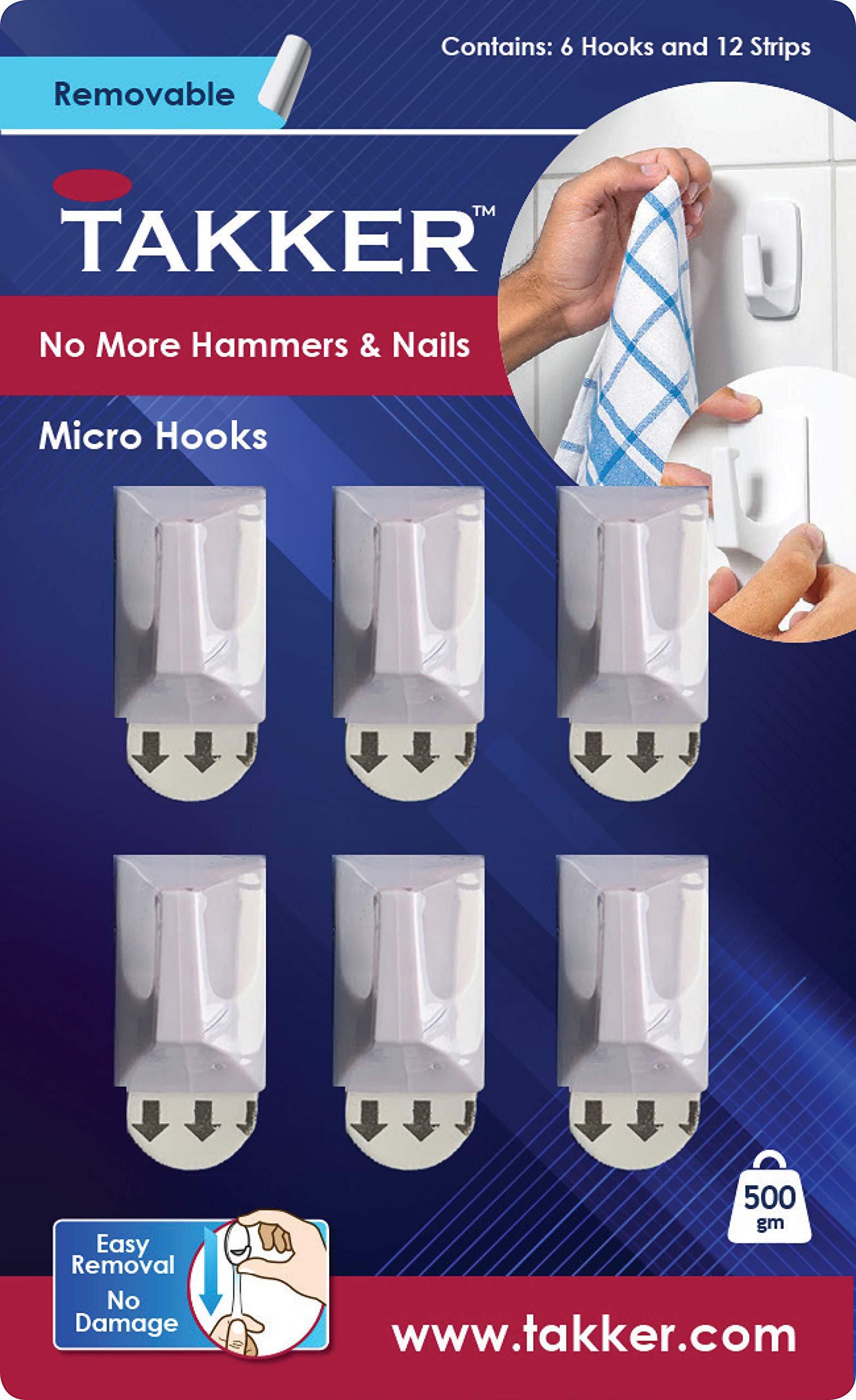 Takker® 6 Micro Hooks & 12 Adhesive Strips | Multi-Purpose Hanging | No Tools Needed | Easy Apply & Re-Useable | Damage-Free Removal, No Residue | Easy Stick, No Damage Solutions | Hang Up to 500 g