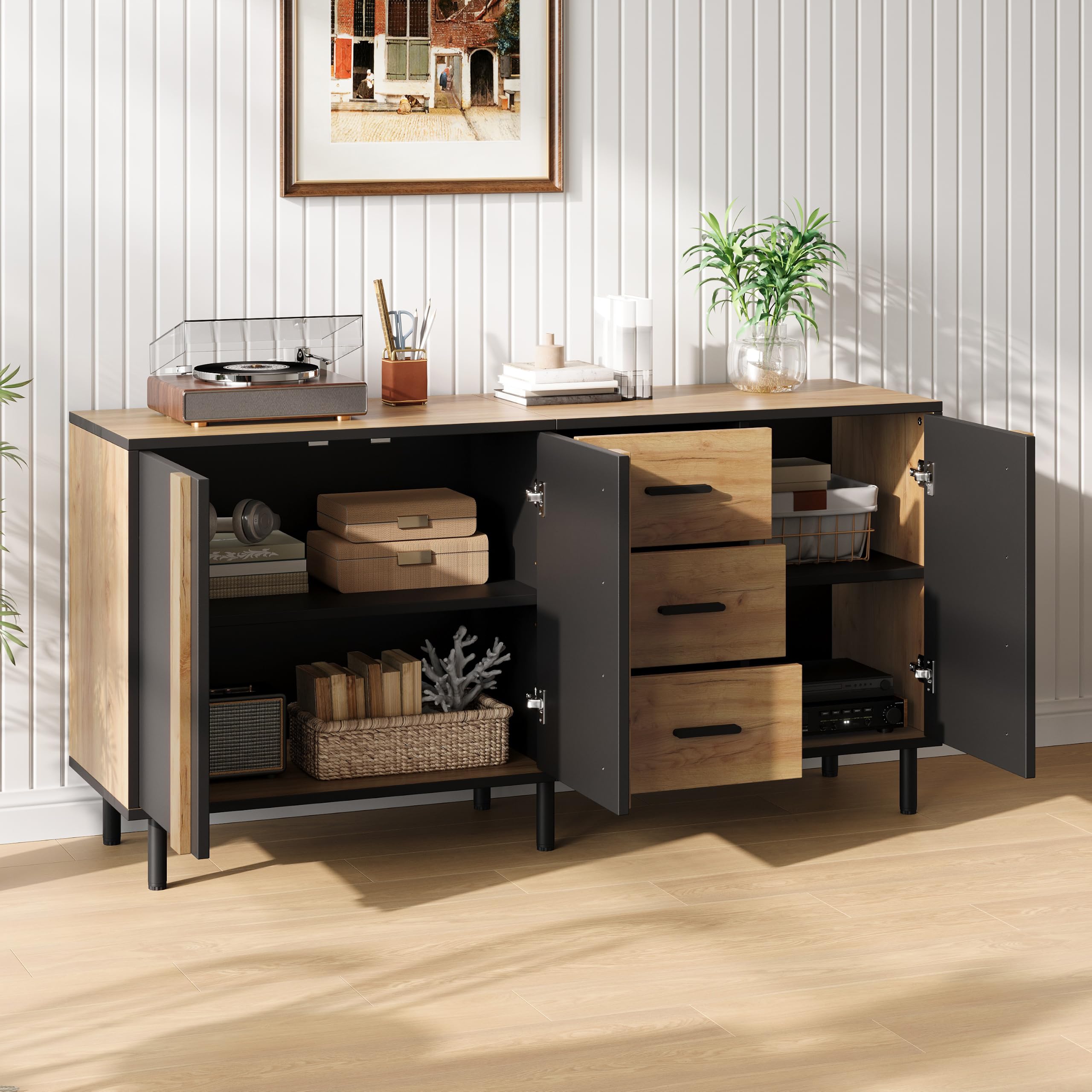 Credenza 140 x 35 x 70 cm in MDF, comò con 3 ante e 3 cassetti
