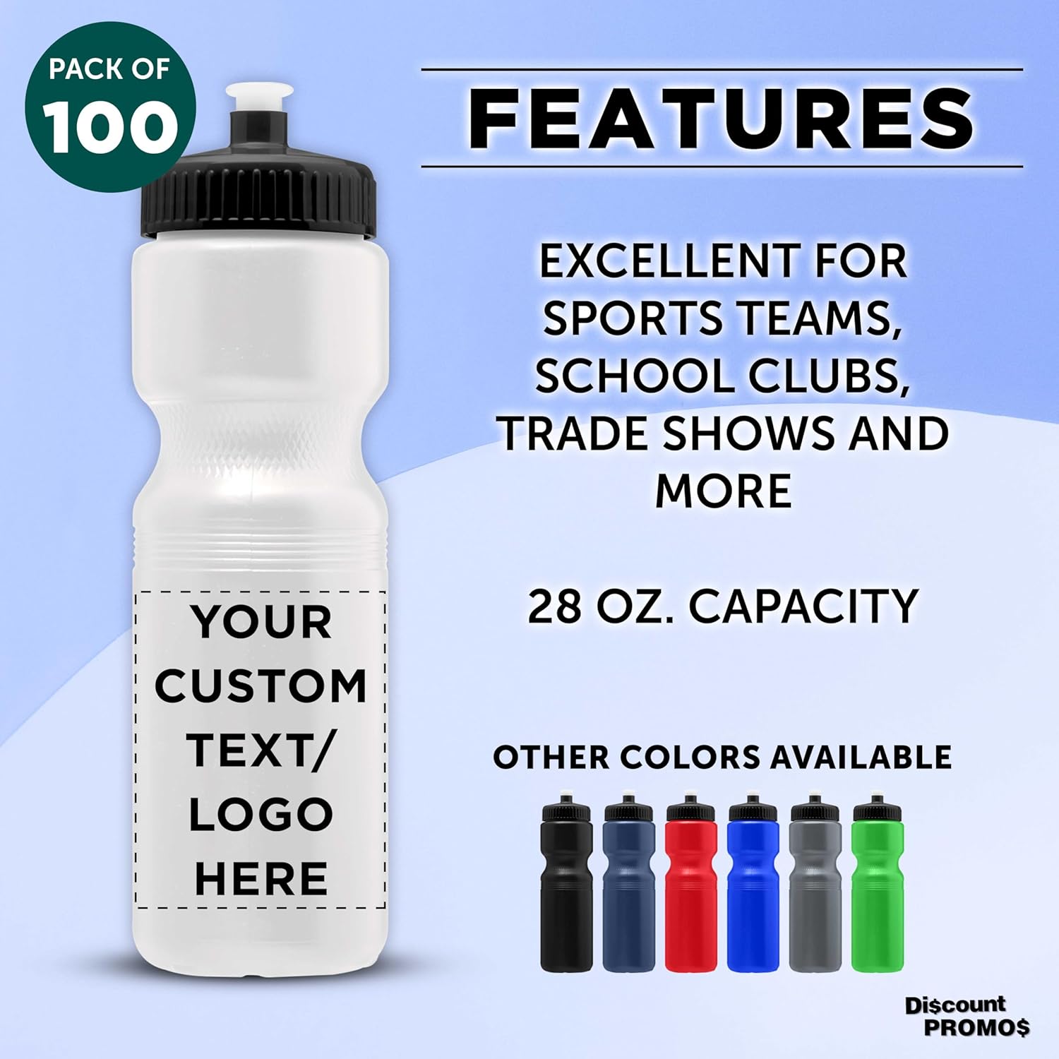 DISCOUNT PROMOS 28 oz. Custom Push Cap Plastic Water Bottles Set of 100, Personalized Bulk Pack - Perfect for Gym, Hiking, Camping, Outdoor Sports - White - Image 2