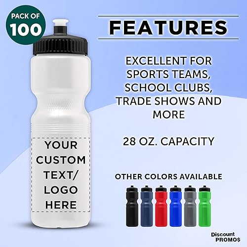 Miniatura 2 de DISCOUNT PROMOS Juego de 100 botellas de agua de plástico personalizadas de 28 onzas, paquete a granel personalizado, perfectas para gimnasio,