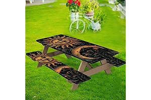 Sun Moon Picnic Table Cover with Bench Covers, Waterproof and Windproof Camping Tablecloth