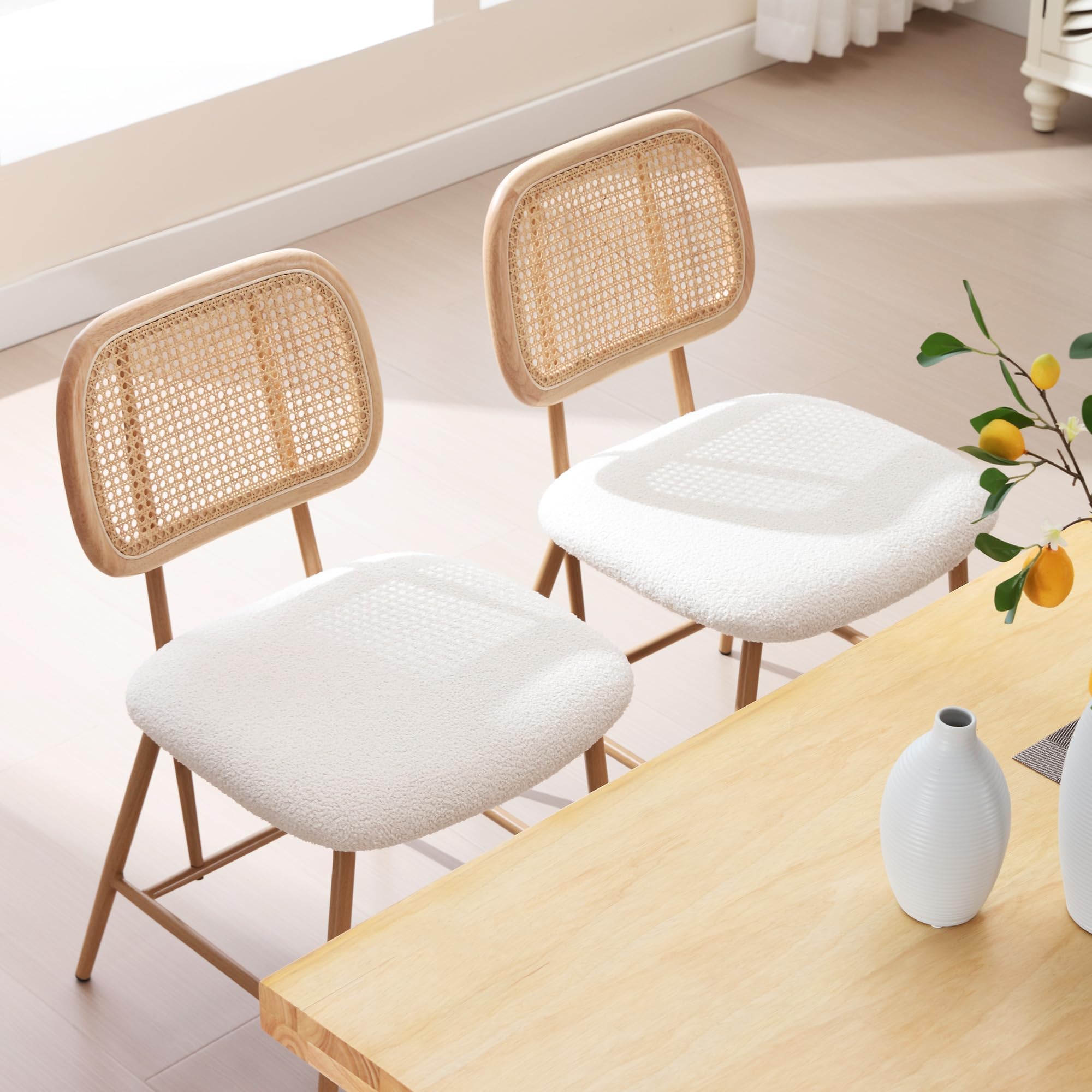 JIRAIN Rattan Dining Chair Set of 2, Boucle Fabric Cane