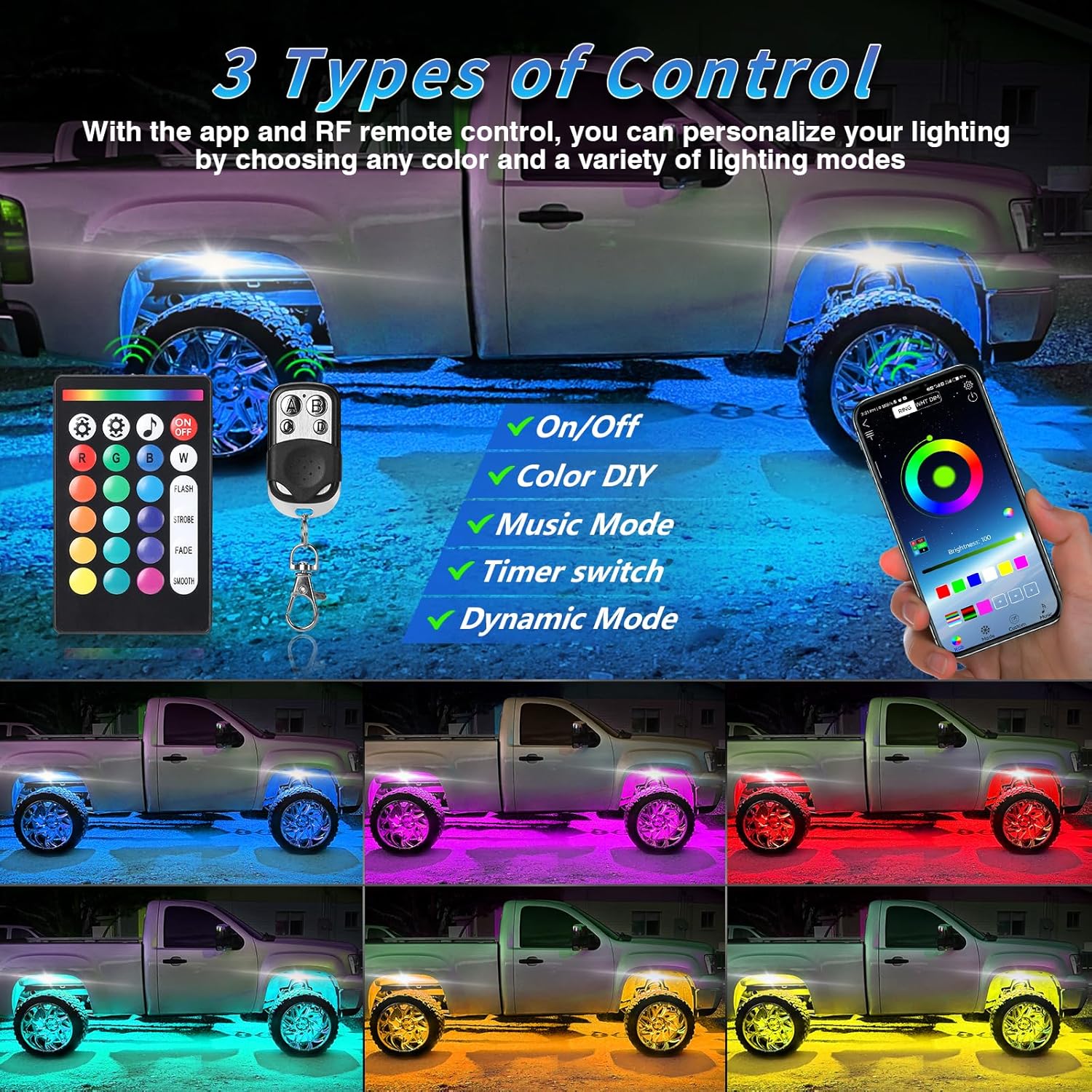 8Pods RGB LED Rock Lights Kit with APP/RF Remote Control Dual Zone Brake, Bright Underglow Multicolor Neon Underbody Light Waterproof 12V for Trucks Pickup Jeep Golf Cart SXS ATV Off Road Vehicles