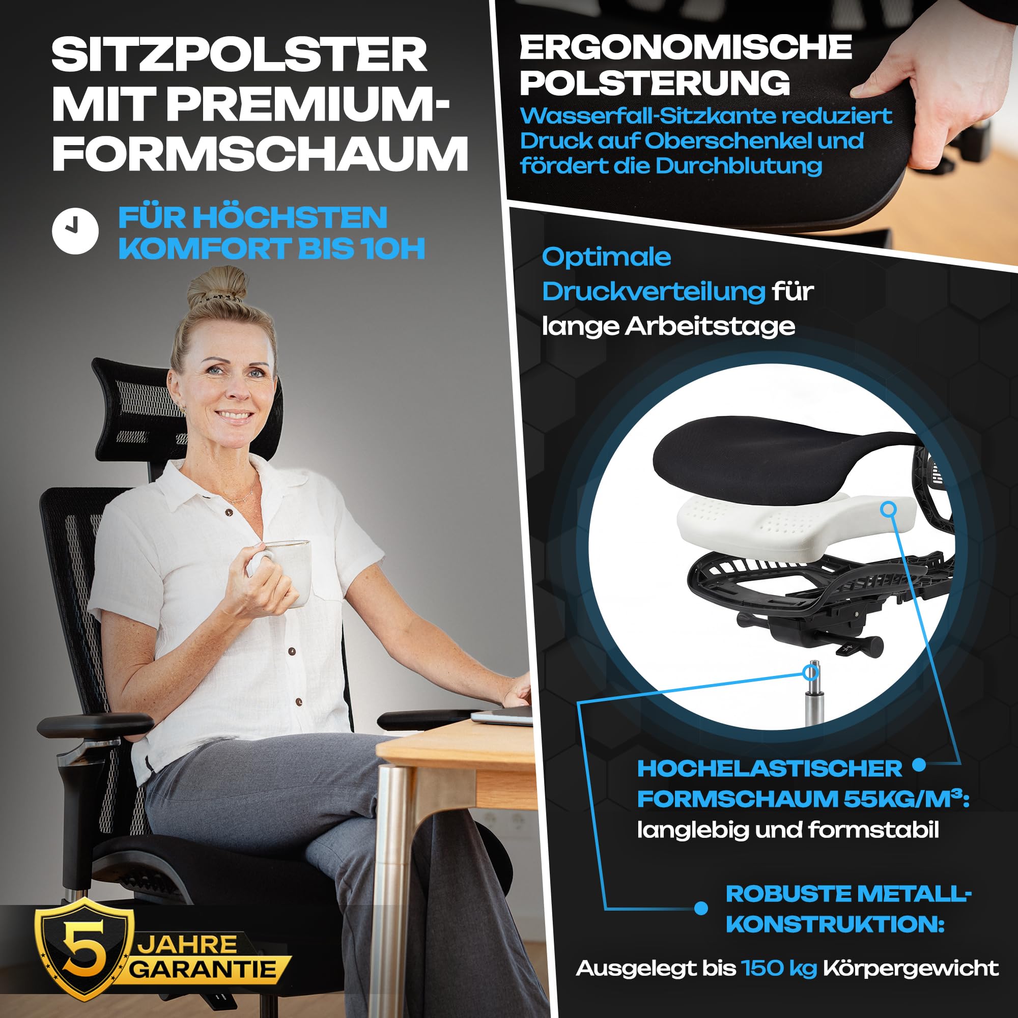 VALKENSTOL M8 Bürostuhl Ergonomisch Testsieger für Grosse Menschen, Breite Sitzfläche Schreibtischstuhl, Office Chair mit Lordosenstütze, Verstellbare Rückenlehne für Gesundes Sitzen Chefsessel 150kg