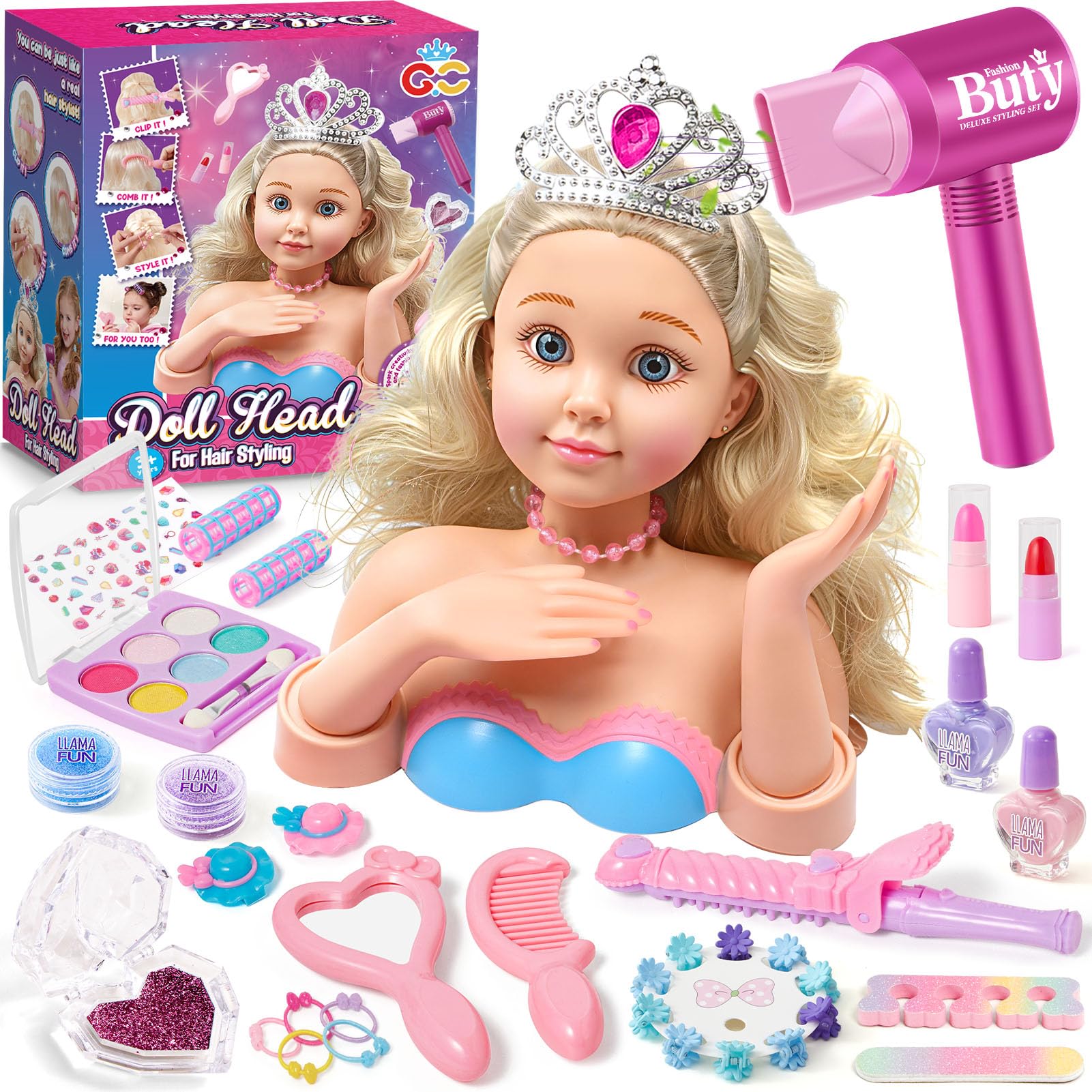 G.C Styling Head Doll for Kids Hairdressing Set with Toy Hairdryer Girls Make up Peelable Nail Polish Mirror, Girls Gifts Birthday Role Play Toys for Girl 4 5 6 Year Old