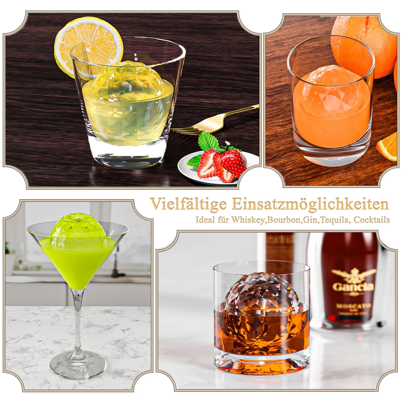 Cubitera de cristal transparente, 2,36 pulgadas, gigante para whisky Bourbon Old Fashioned, de silicona rombica redonda para cócteles (2,36 pulgadas 4BALL)