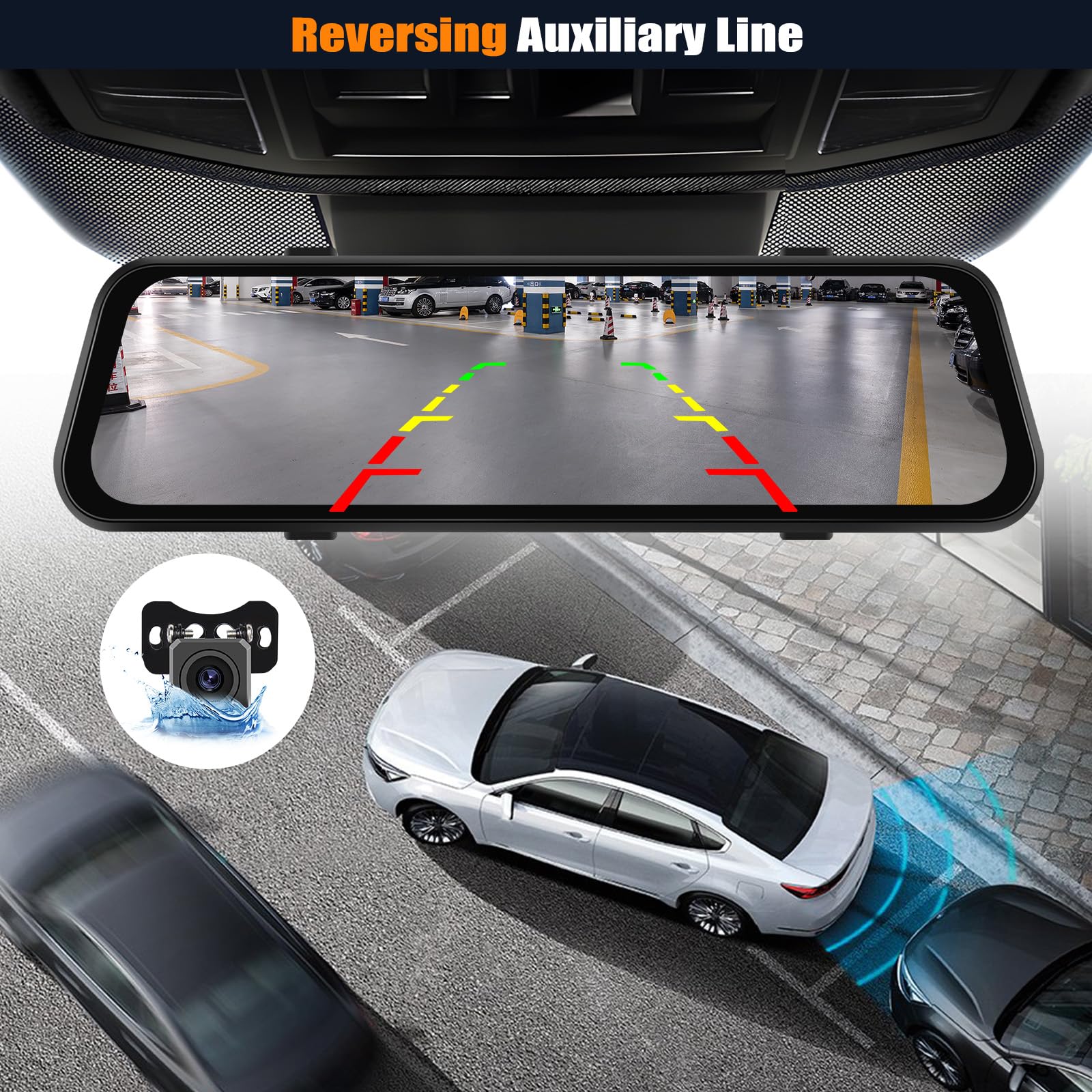 CAMECHO 1080P Rückspiegel 9,66 Zoll Spiegel-Dashcam für Autos mit 3 Kameras 720P, vorne 150° und hinten Dashcam 120° mit Rückfahrlinie, Nachtsicht, G-Sensor, 64 GB Speicherkarte, WLAN-App