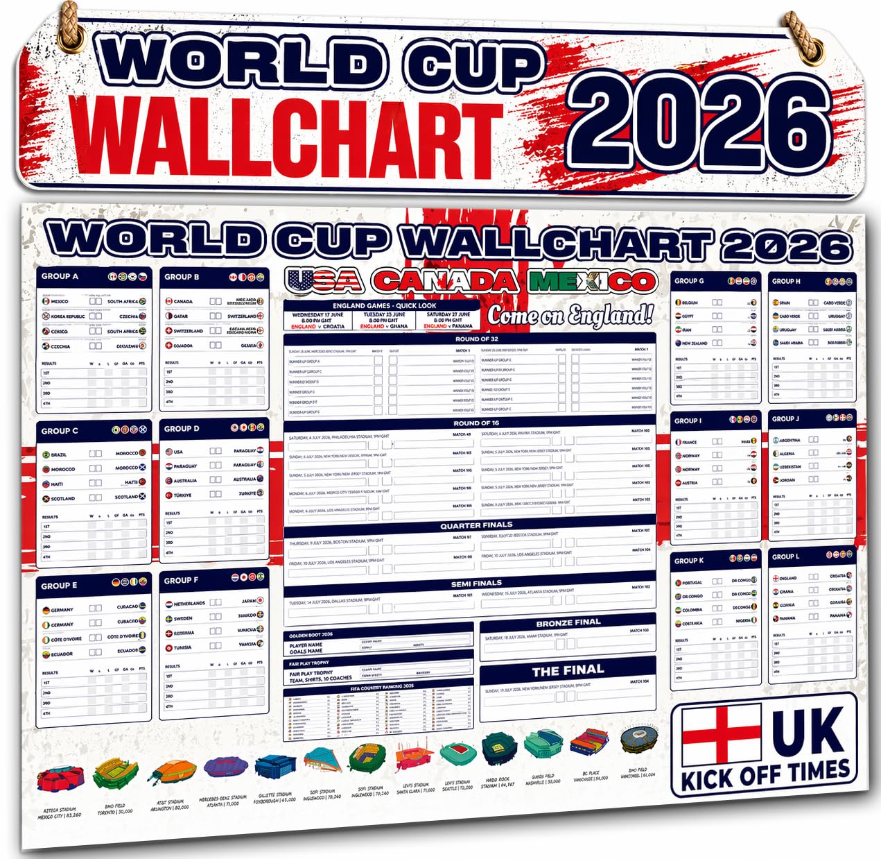 World Cup Wall Chart 2026 – England World Cup Chart - Huge A1 Football Tournament Poster Planner with Fixtures, UK Kick Off Times, TV Channels, Stadiums & Match Schedule Folded to A4