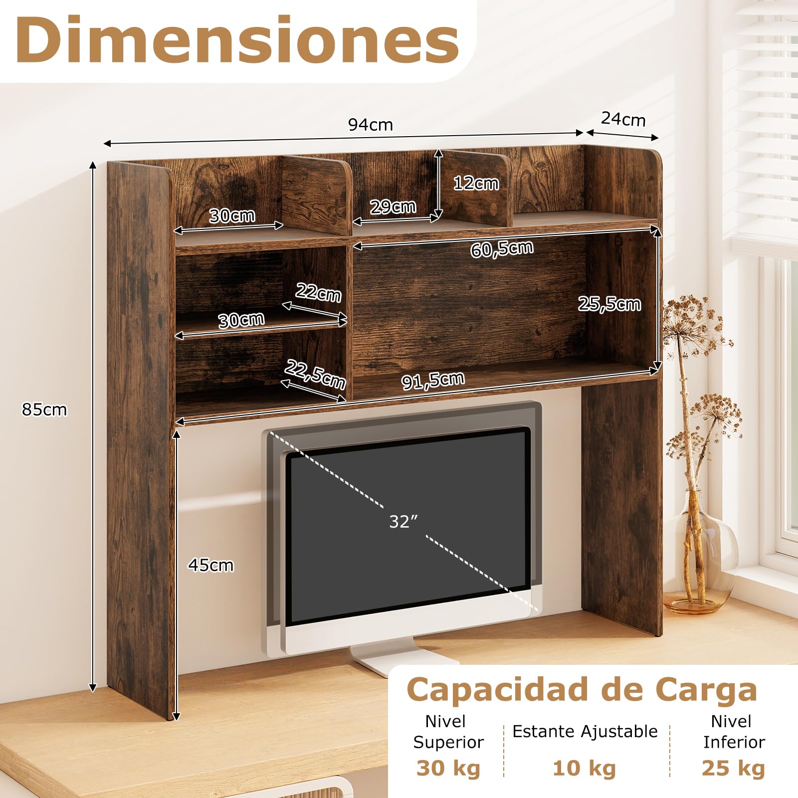 GIANTEX Estantería de Escritorio con 6 Estantes Abiertos, Mueble Organizador sobre Mesa con Kit Antivuelco, 94 x 24 x 85 cm, Estante Ajustable, para Plantas, Libros, Comésticos (Marrón)