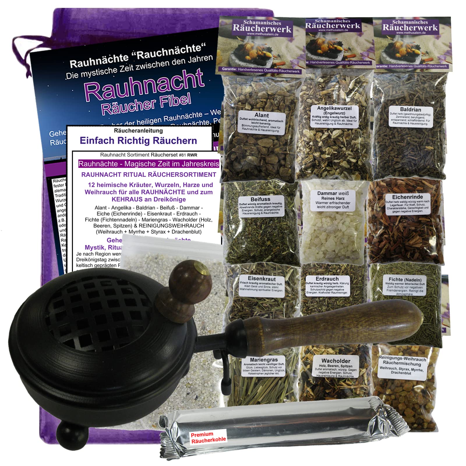 RAUHNÄCHTE Räucherset 19-TLG Rauhnacht Ritual Set mit BEIFUSS, Salbei, WEIHRAUCH, MYRRHE UVM. MEGA Räuchersortiment mit RÄUCHERPFANNE + Rauhnachtfibel + Räucherzubehör. 81RWR/3165S
