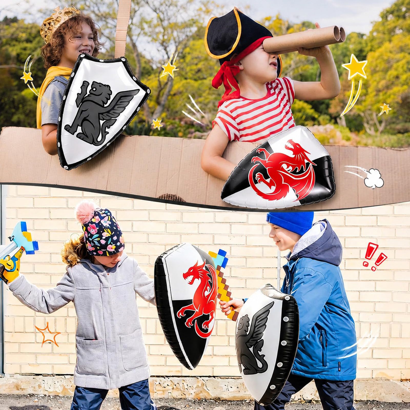 Gemscream Lot de 12 boucliers gonflables pour fête médiévale - Motif double dragon - Pour l'été, la piscine, les fêtes d'anniversaire, les activités de cosplay
