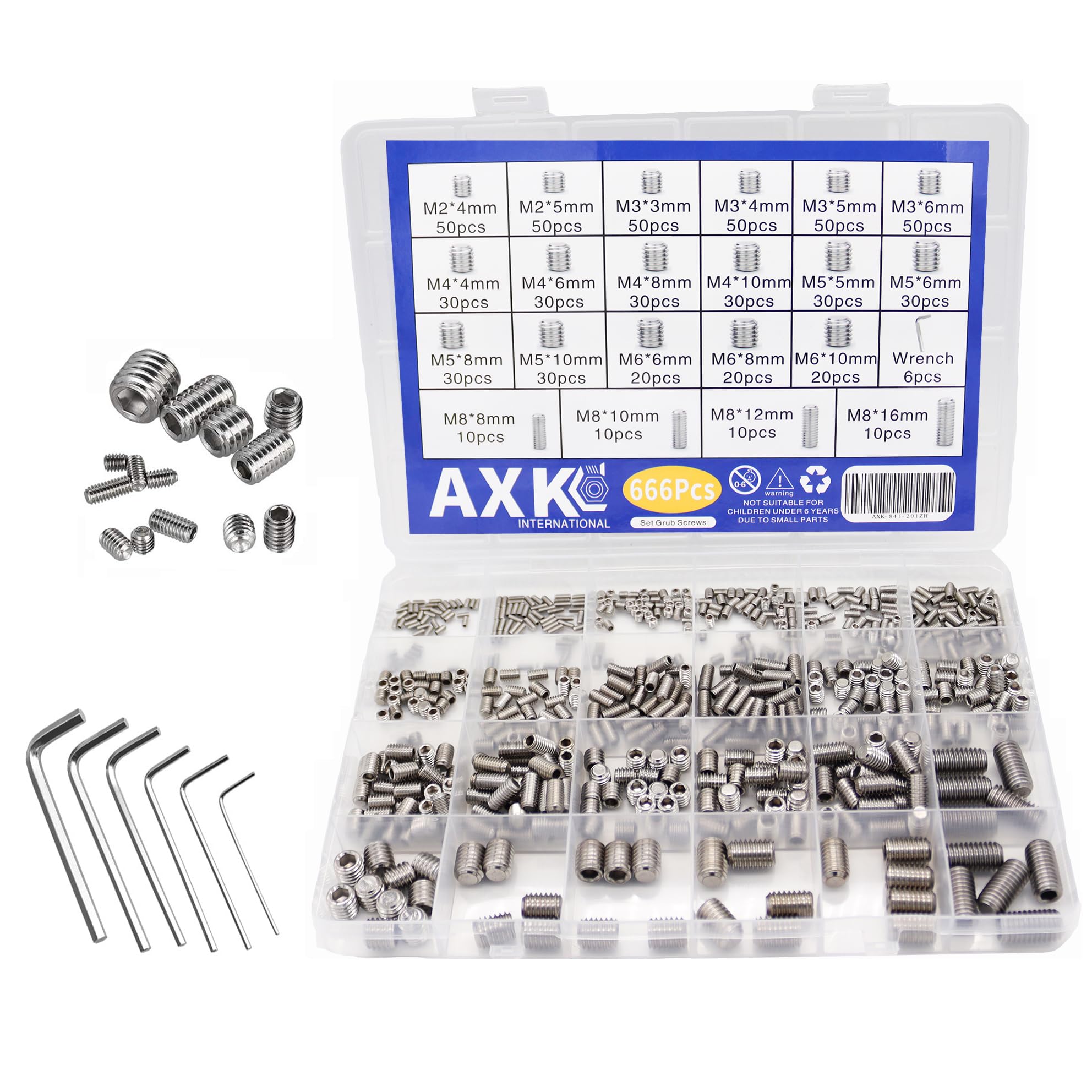 AXK 666Pcs Flat Point Set Screw Stainless Steel Hexagon Socket Grub Screw Kit M2 M3 M4 M5 M6 M8 Headless Screw Set Assortment Kit
