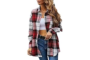 Women's Fashion Casual Loose Button Down Plaid Shirt