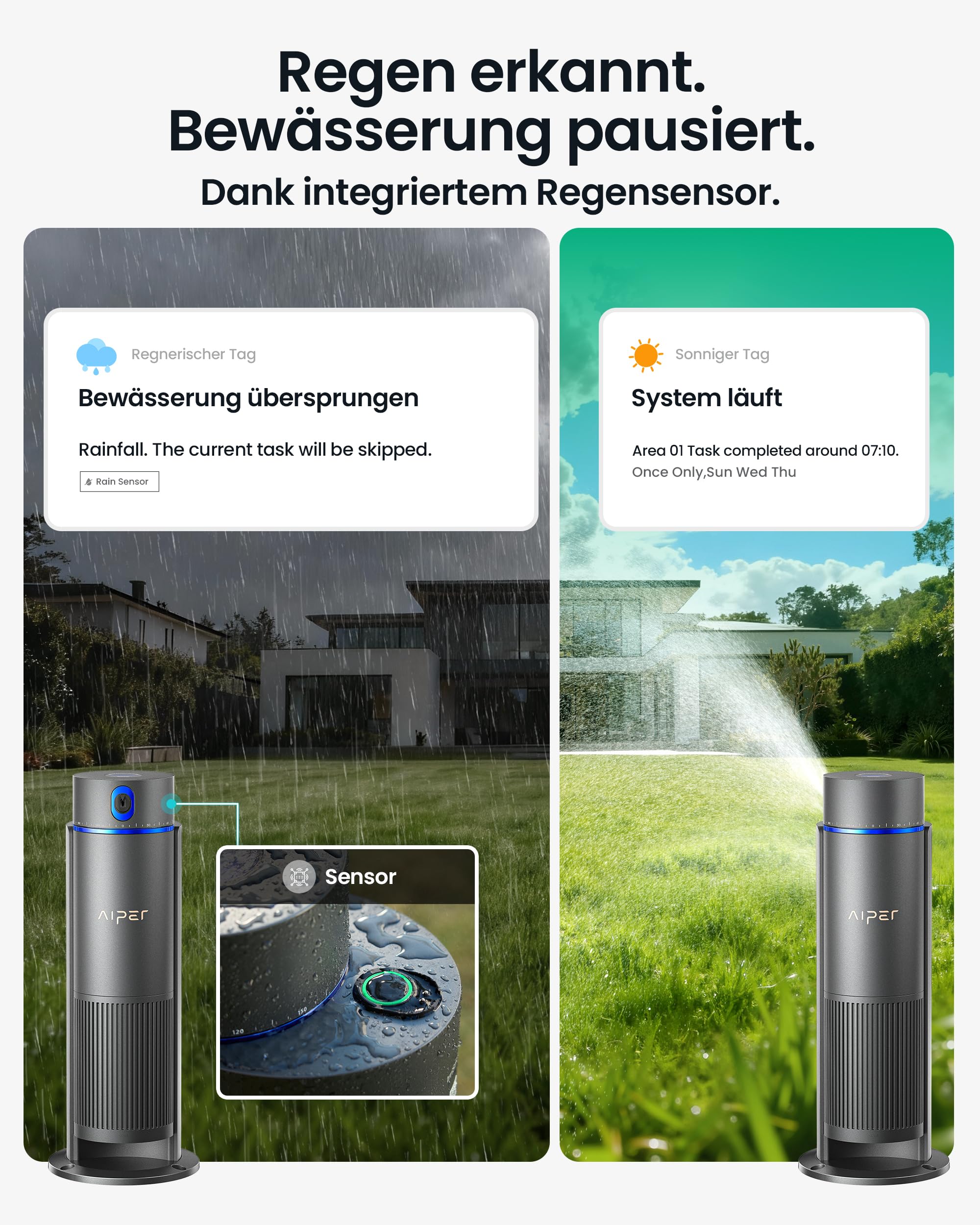 Aiper IrriSense 2 Smartes Bewässerungssystem, Mehrzonen-Bewässerungsgerät mit App-Steuerung, intelligenter Zeitplanung und Regensensor für Rasenflächen bis 446 m² - 5
