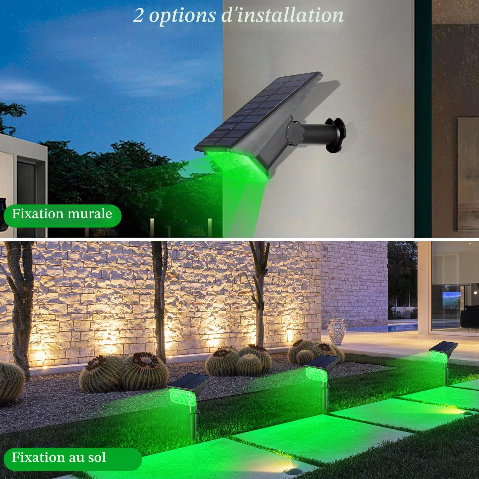 T-SUN 4 Packs Spot Solaire Exterieur Vert Lumiere Solaire Jardin, Lampe Solair Étanche avec 2 Modes, sans Fil Éclairage Solaire Exterieur, Projecteur Solaire Réglable pour Chemins, Jardin