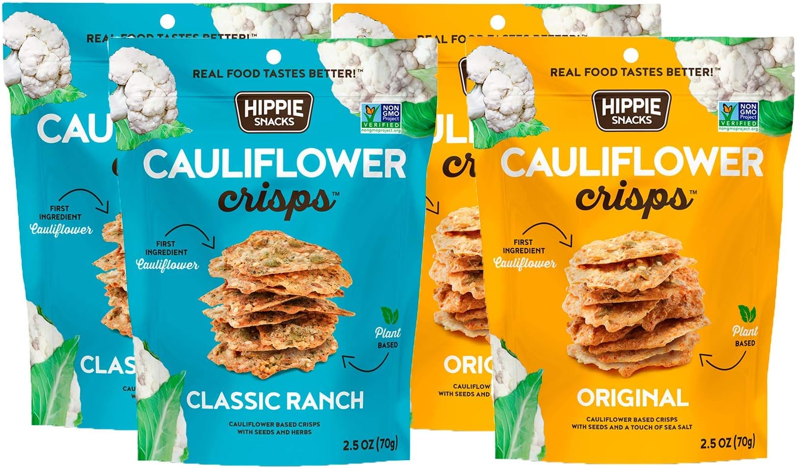 Hippie Snacks Cauliflower Crisps Variety Pack, Plant-based, High Protein, Gluten Free Snack or Crackers for Charcuterie Boards, 2 Original, 2 Classic Ranch