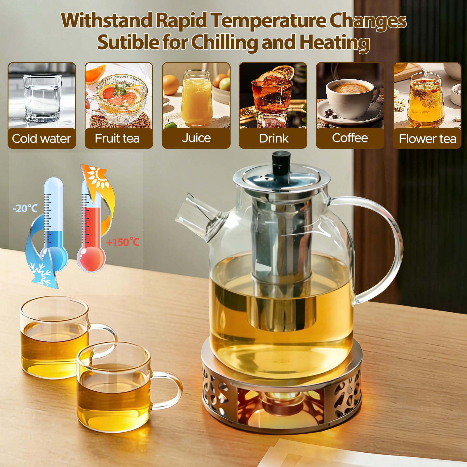 1800 ml Teekanne Mit Siebeinsatz Und Stövchen，Glasteekanne mit Abnehmbare Edelstahl-Sieb Warmhalteuntersetzer Rostfrei Hitzebeständig für Schwarzen Tee Grüner Tee Fruchttee Duftender Tee Teebeutel