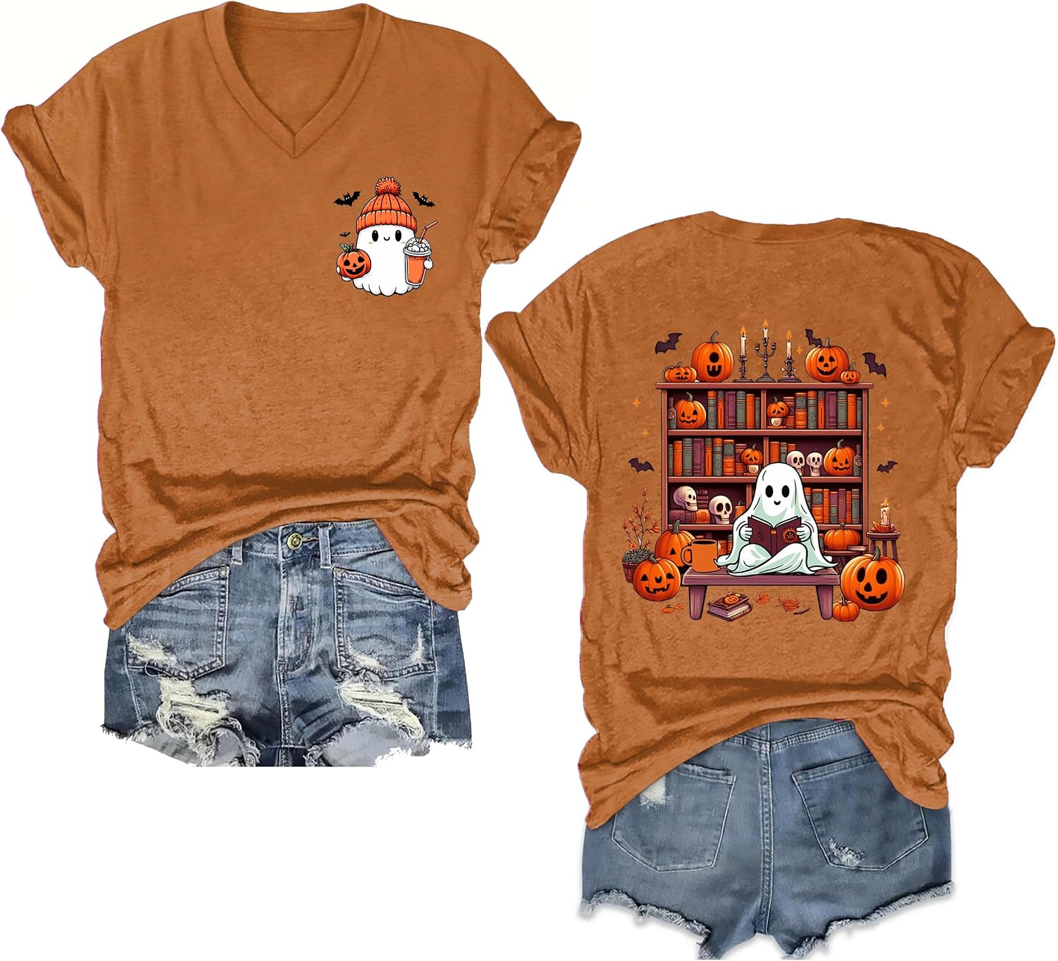 Halloween Teacher Shirts Women Halloweentown Tee Shirt Ghost Reading T-Shirt Spooky Season Halloween Graphic V Neck Tops