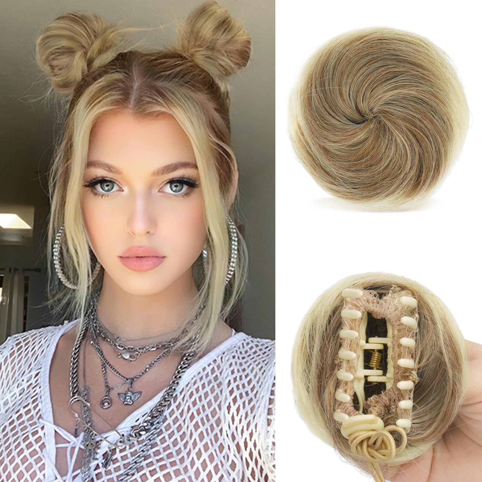 Sofeiyan 2PCS Mini Moños Postizos de Pelo con Garra Pinza Desordenado Extensión de Moño Sintético Extensiones de Cabello Ondulado Pinza Postizos para Mujeres, Mezcla Rubio Oscuro y Rubio Decolorado
