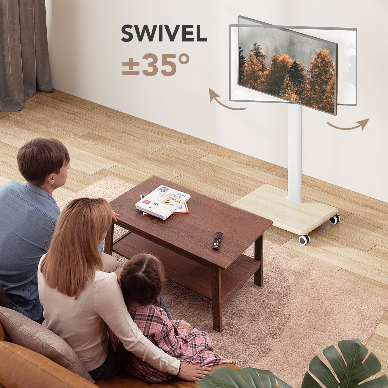 Supporto TV mobile per TV da 27 a 65 pollici, carrello TV portatile con ruote, grande supporto universale con supporto girevole, altezza regolabile per angolo camera da letto, esterno.