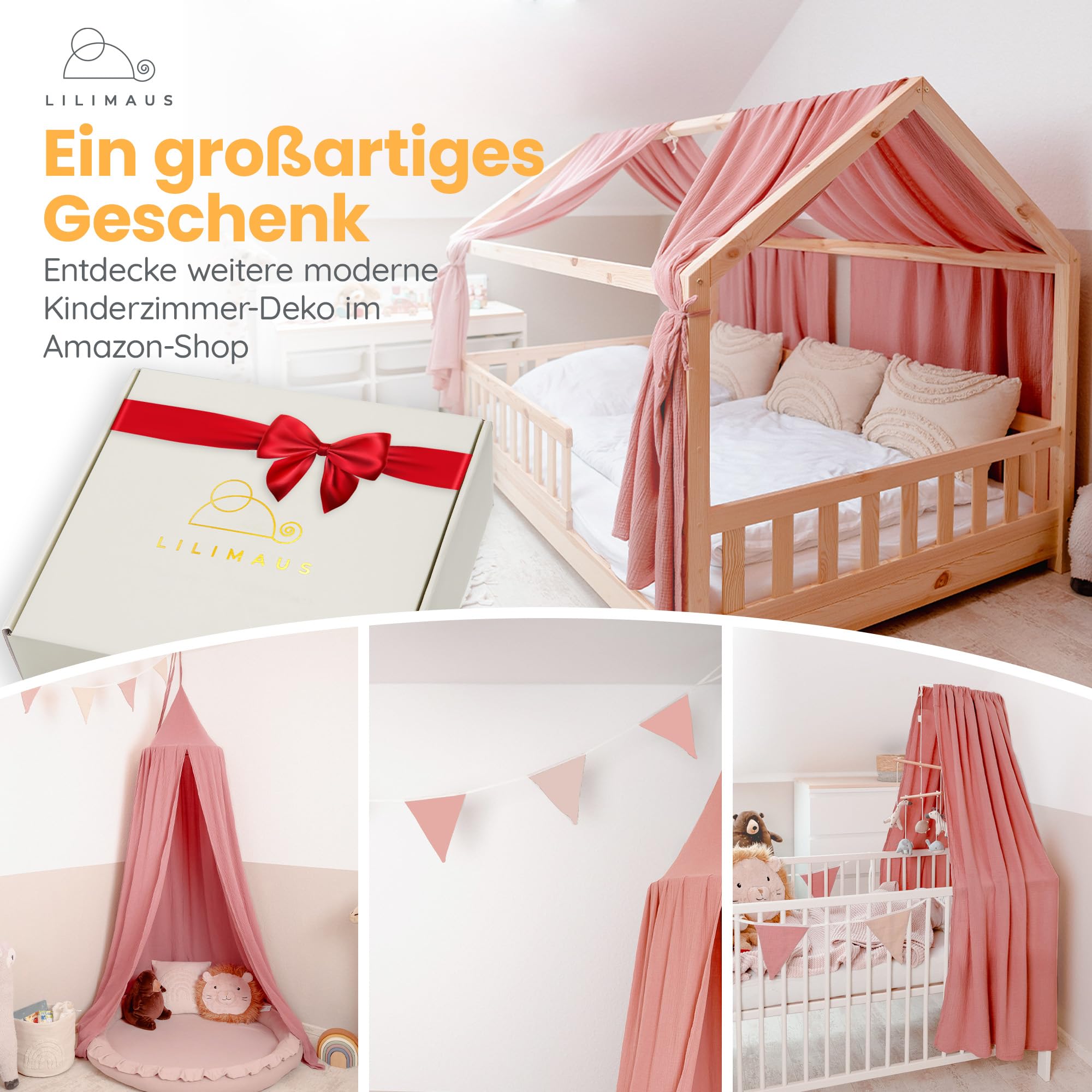 lilimaus Hausbett Himmel [in 12 Farben] Betthimmel Hausbett aus 100% | Baumwolle Musselin - Stoffhimmel für Hausbett Deko Mädchen & Jungen - Himmel für Hausbett Kinder - Bett Vorhang Kinderbett