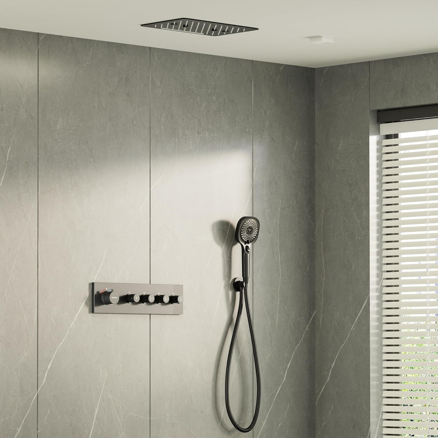 CASAINC 16 Inch Rain Shower Head with Handheld, Thermostatic Shower System Matte Black, Luxury 4-Function Rainfall Shower System, Ceiling Mounted Shower System with French Vernet Thermostatic Valve