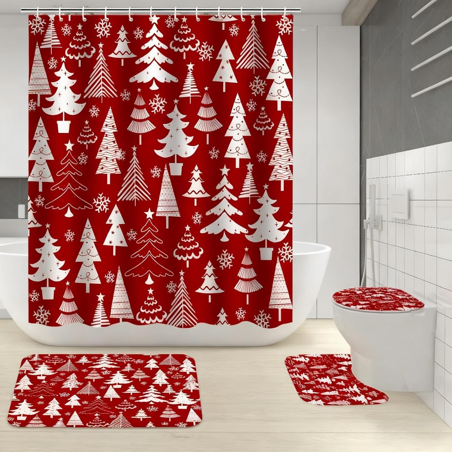 Juego de 4 cortinas de ducha con alfombras antideslizantes, cortina de baño de Navidad con 12 ganchos, cubierta para tapa de inodoro y tapete de