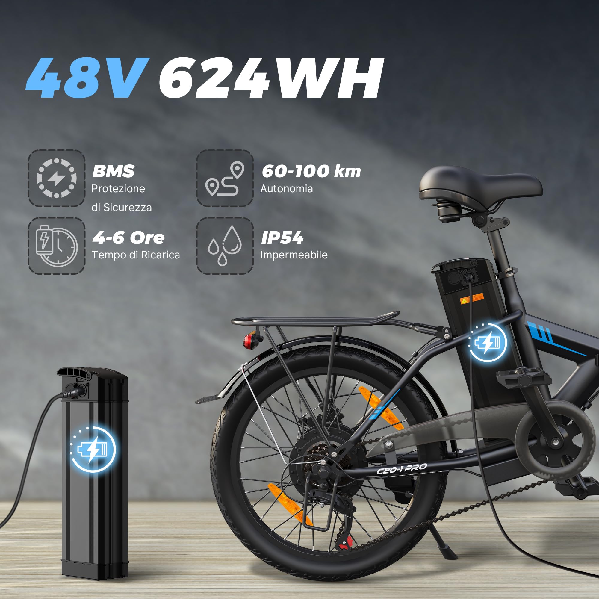 Bici Elettrica, 20" Bici Elettrica Pieghevole da 48V 624 Wh Batteria | Autonomia di 100 km, Motore 250W, Bici Elettrica Uomo Donna con Display LCD, 7 Velocità, E-Bike Per Pendolari Urbani