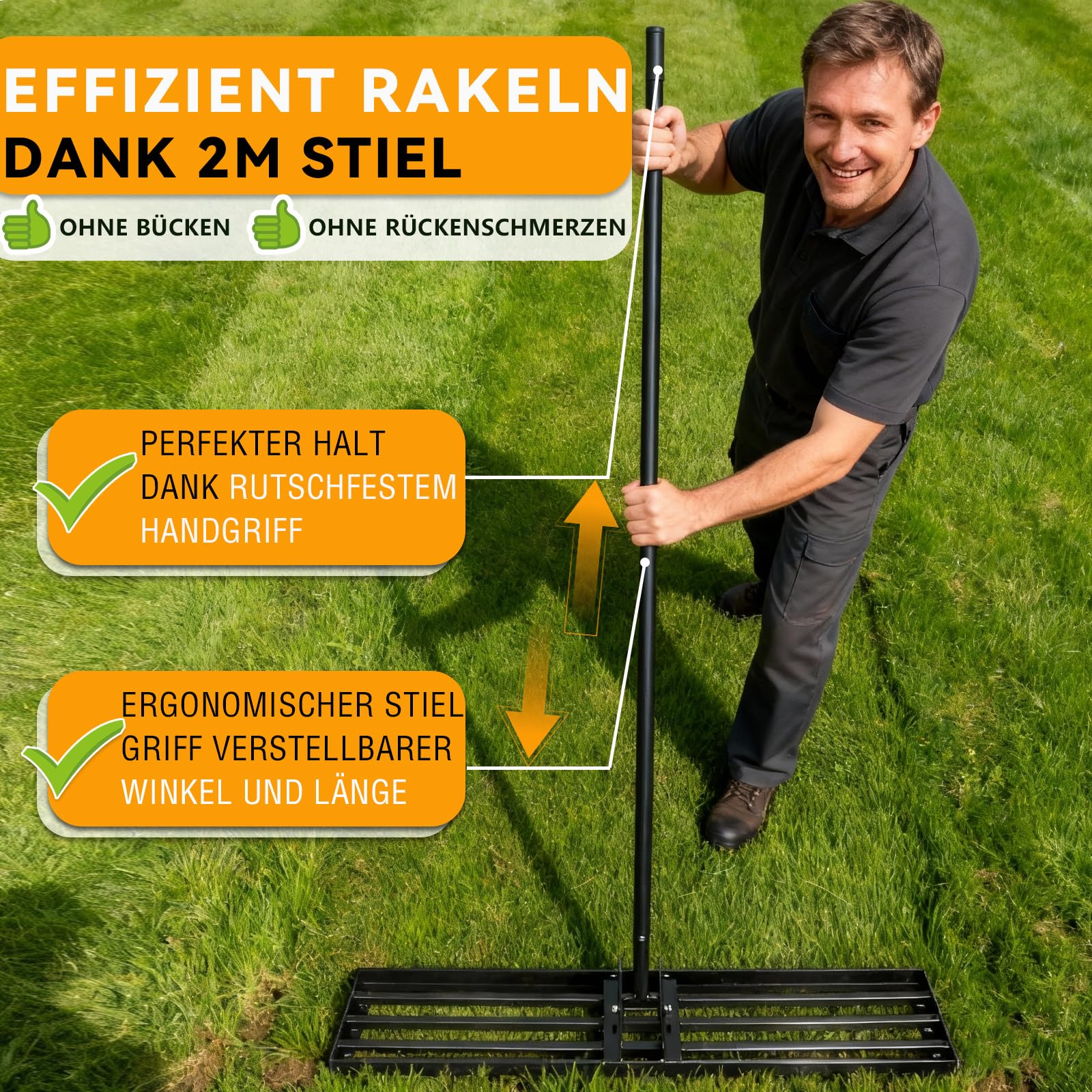 Warmfay Rasenrechen 75x25 cm inkl. 2M Verstellbarem Metallstiel mit Gewinde-Verschraubungssystem, Handlicher & Robuste Rasen Nivellierrechen für Garten, Golfplatz, Rasenpflege, Rasen Sanden