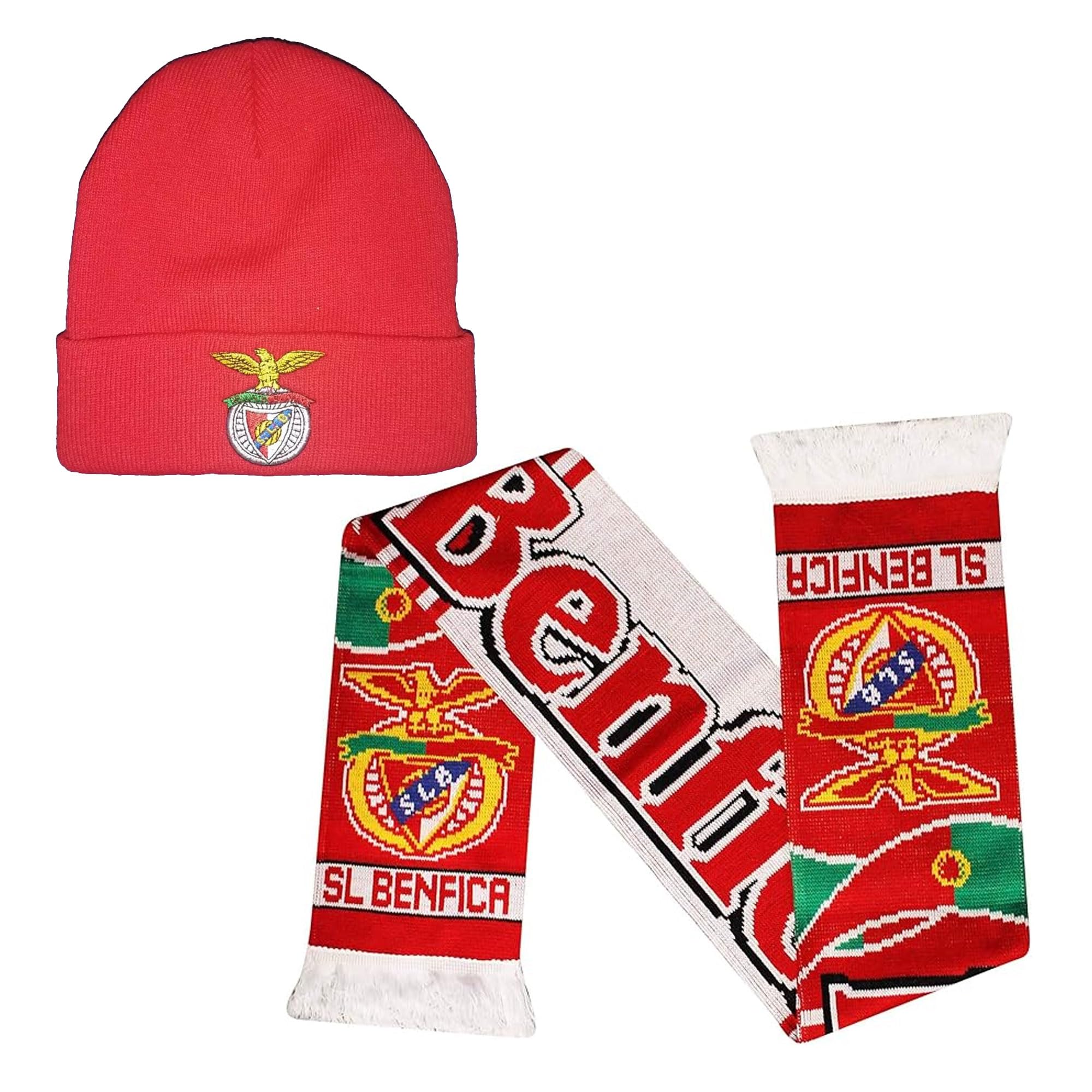 SL Benfica Official Football Hat & Scarf Set - 100% Acrylic, Red & Black, Unisex Benfica Eagles Bronx Hat & Scarf Set