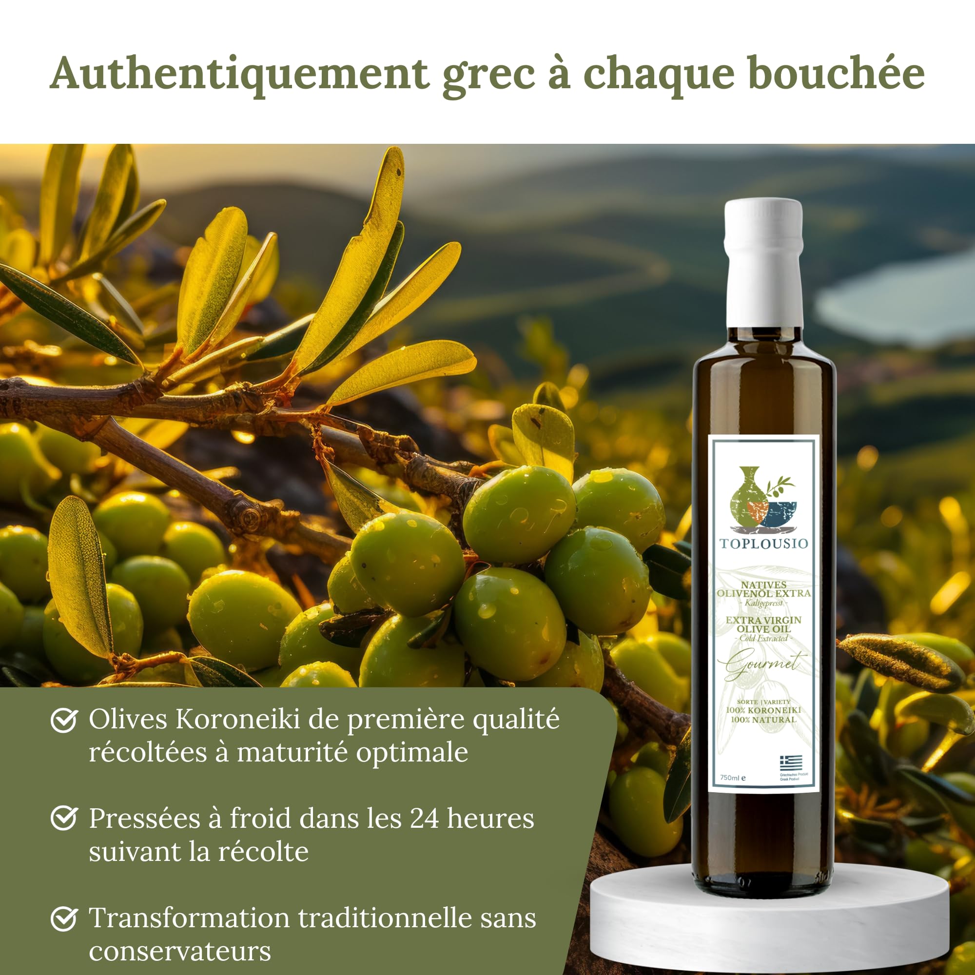 TOPLOUSIO Huile d’Olive Vierge Extra 750 ml 100% Koroneiki de Grèce, Pressée à Froid, Goût Fruité & Doux – Origine Ancienne Olympie – Parfaite pour Salades, Pâtes & Cuisine Méditerranéenne