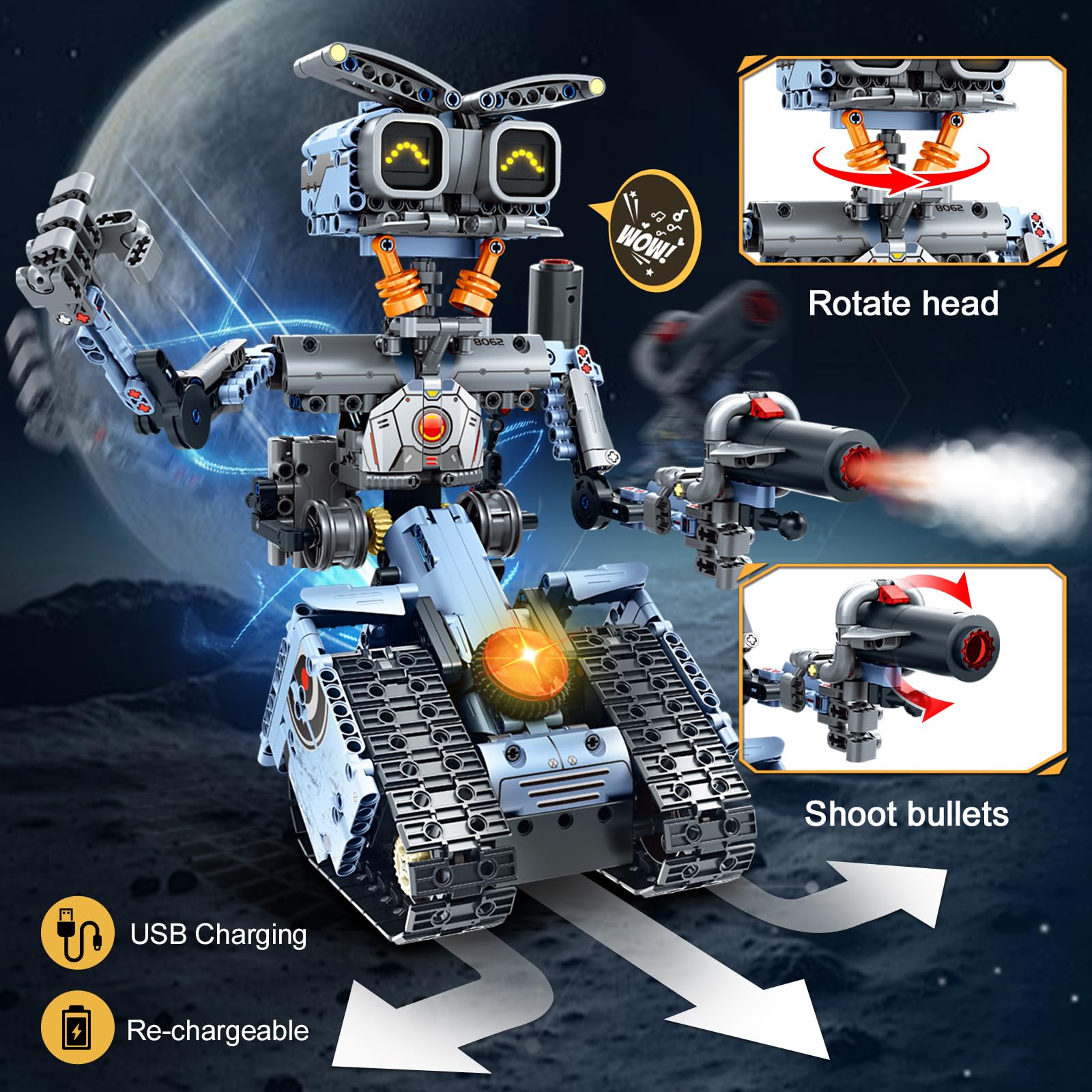 HiWEEGO Technik Roboter Bausatz für Kinder mit LED Augen, 5-in-1 App Fernbedienung Roboticset Baustein RC Bulldozer/Panzer/Engineering Spielzeug Geschenk für Jungen Mädchen Teens 8+ Jahre (699 Stück)