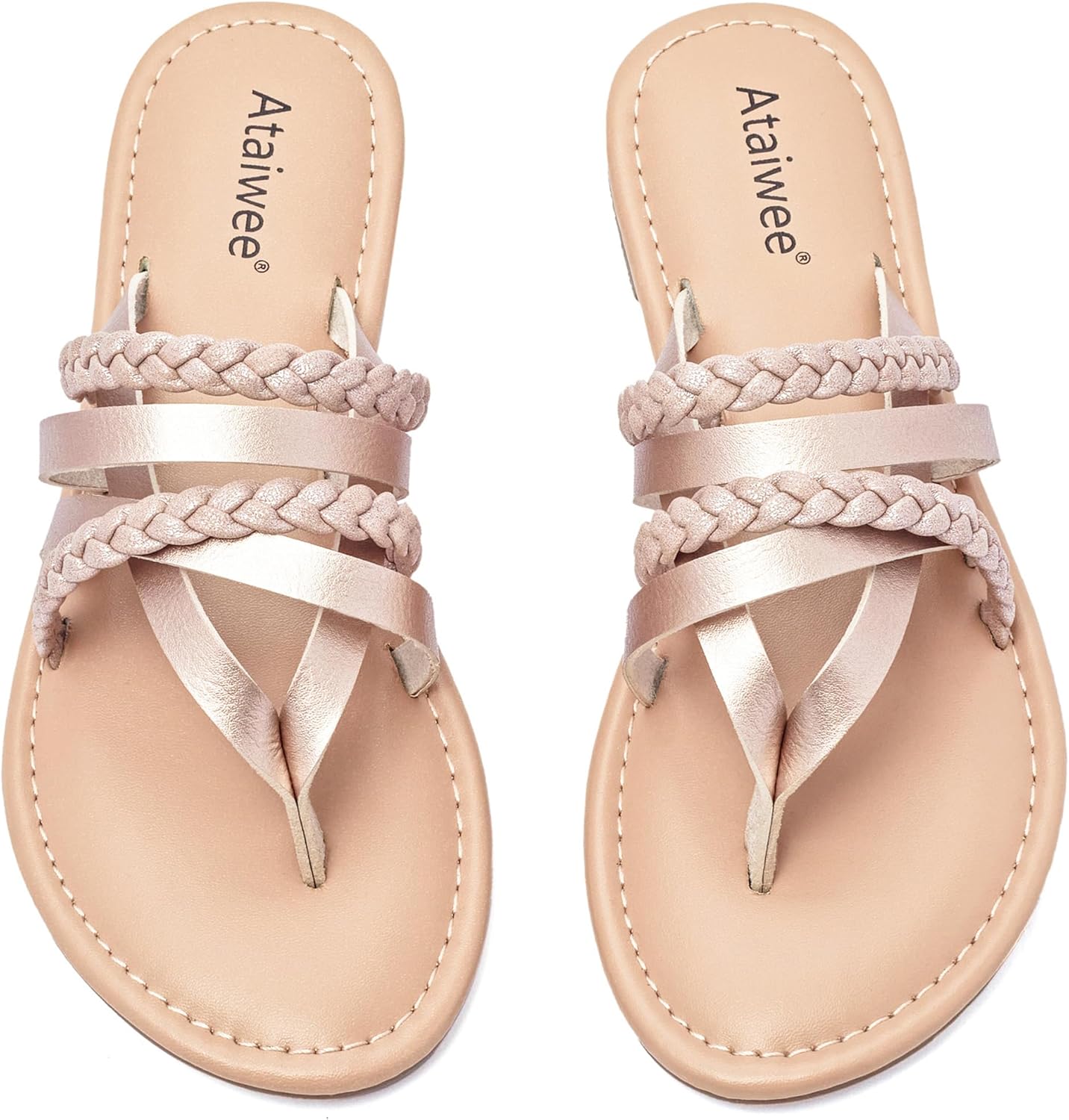 Ataiwee Women’s Slide Flat Sandals – Comfortable Slip On Plait Toe Thong Strappy Spring Summer Shoes.