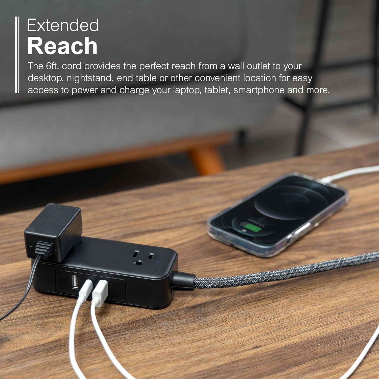 GE Flat Plug Power Strip Extension Cord with USB Ports, Travel Power Strip with 2 Outlets 3 USB Ports, Cruise Ship Essentials, 6 Ft Braided Small Extension Cord Flat Wall Plug, ETL Listed Black, 82586