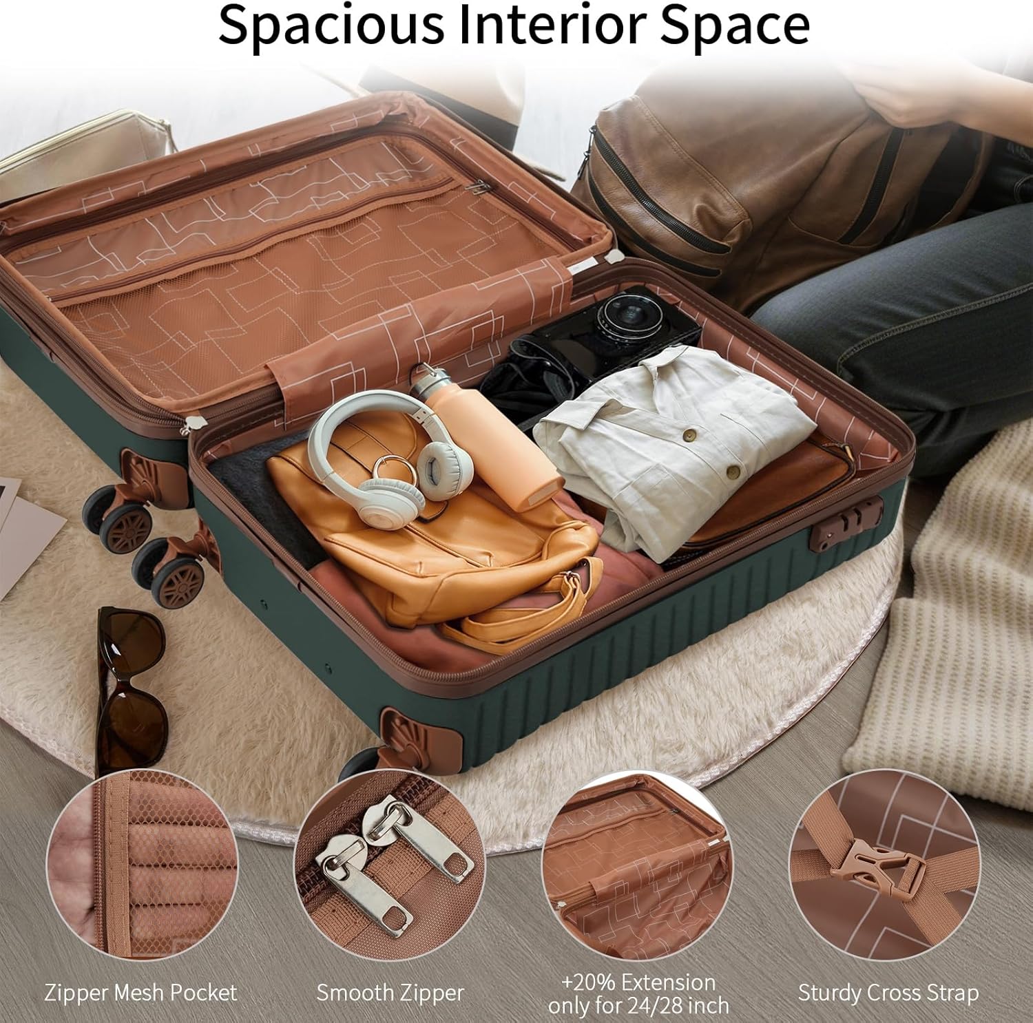 Luggage Sets 3 Piece with Spinner Silent Wheels & Expandable Travel Bags, Carry On Luggage & Airline Approved Hardshell Suitcase with TSA Lock, Lightwight Hardside for Women, Men (Green)