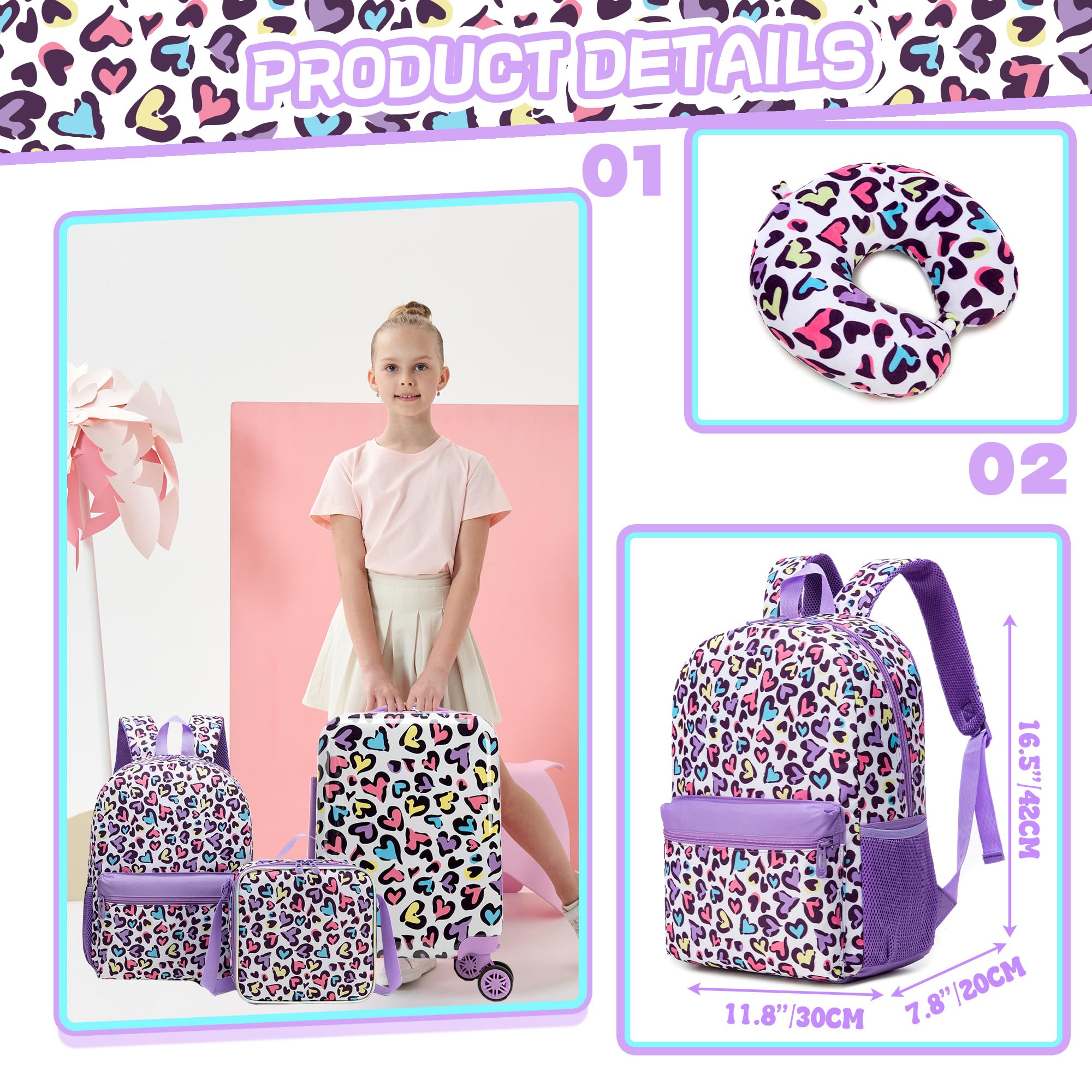 HTgroce 5pcs Set di Valigie per Bambini, Bagaglio a Mano Viaggio Ragazza