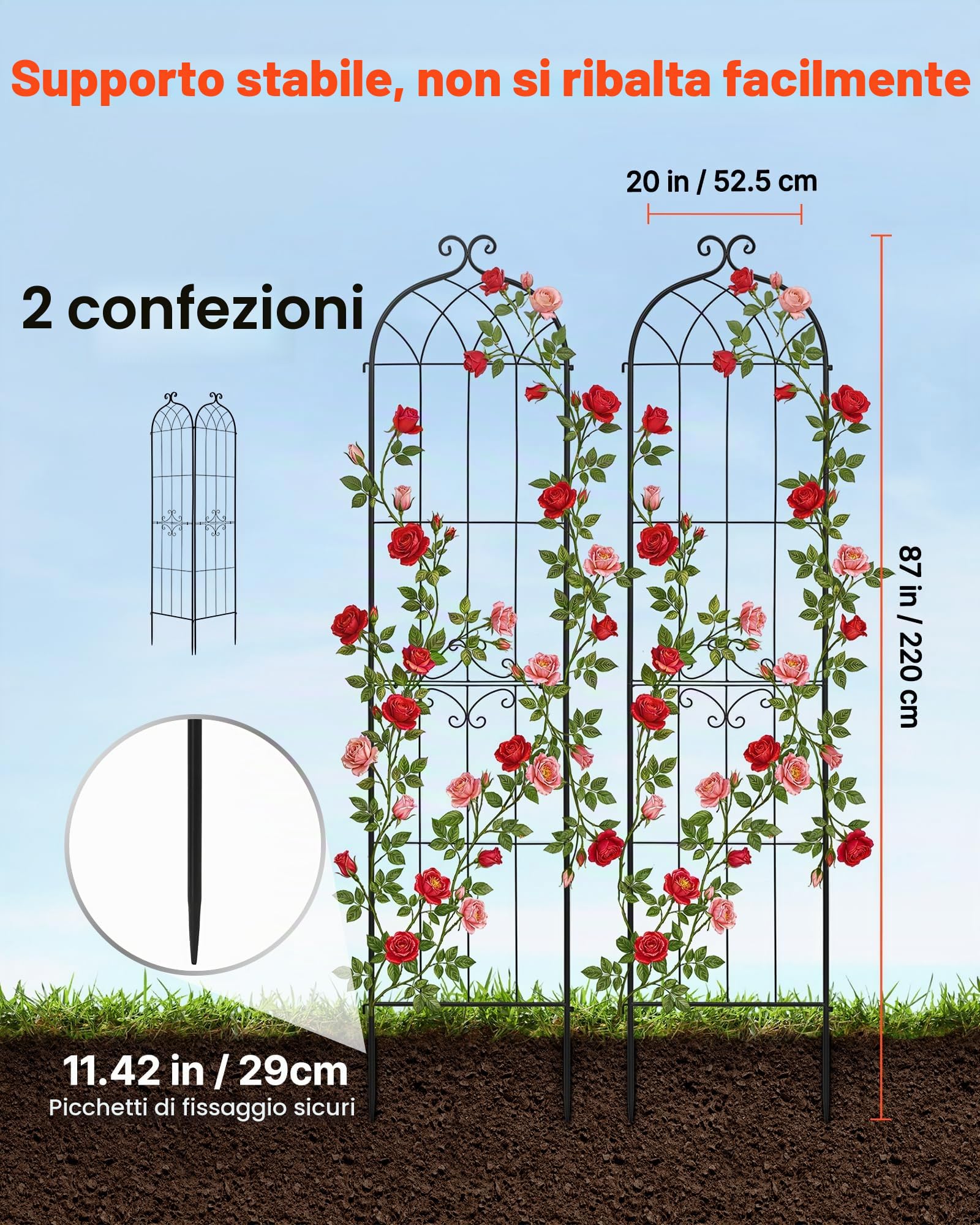 VEVOR Tralicci da Giardinaggio 220x52,5 cm, Set 2 pz Grigliati in Metallo da Giardino per Fiori e Rose con Rivestimento a Polvere e Design Collegabili, Sostegno Decorativo per Viti e Rose Rampicanti